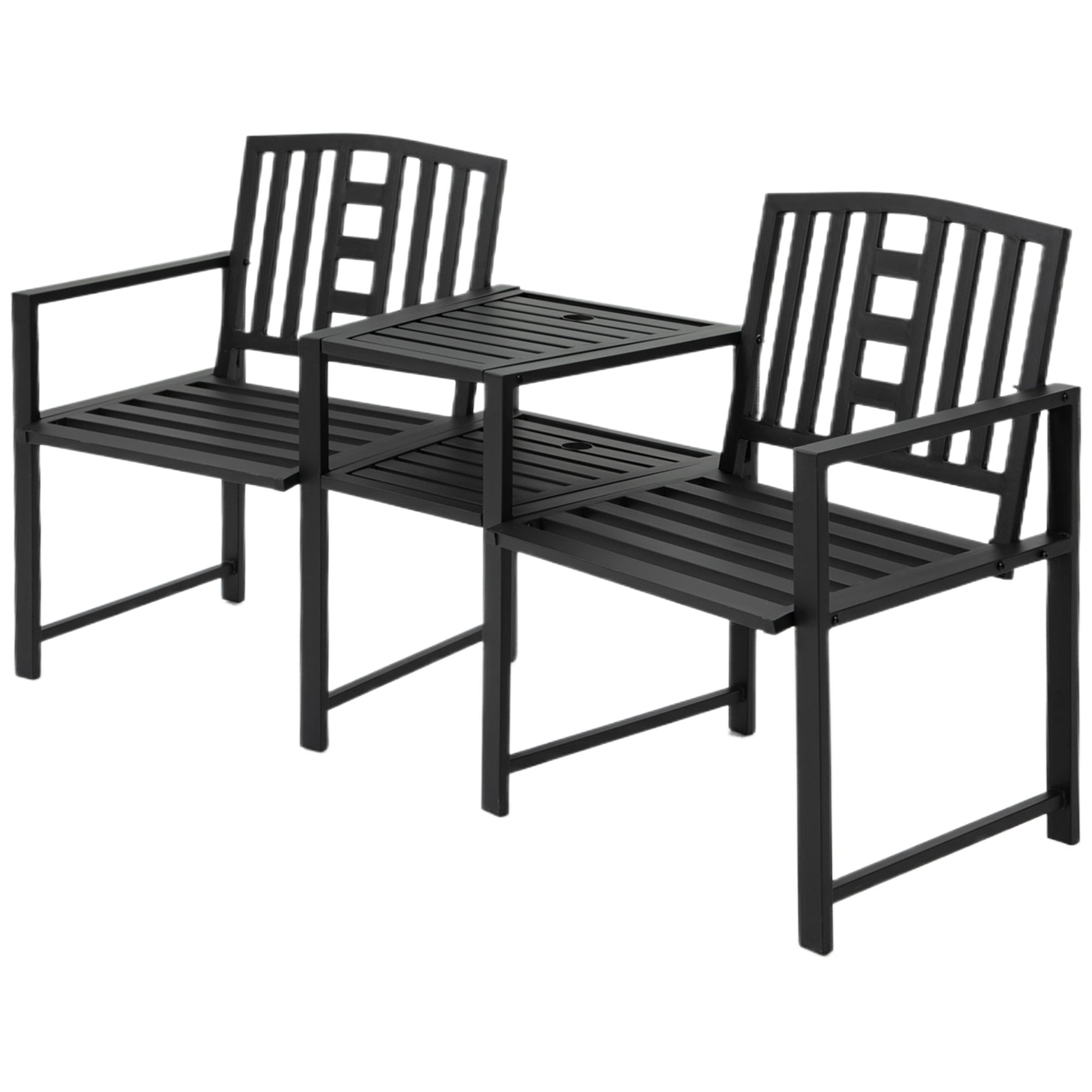 Aosom Metal Outdoor 2-Seater Garden Bench with Table, Umbrella Hole, Black-DECOROLALA