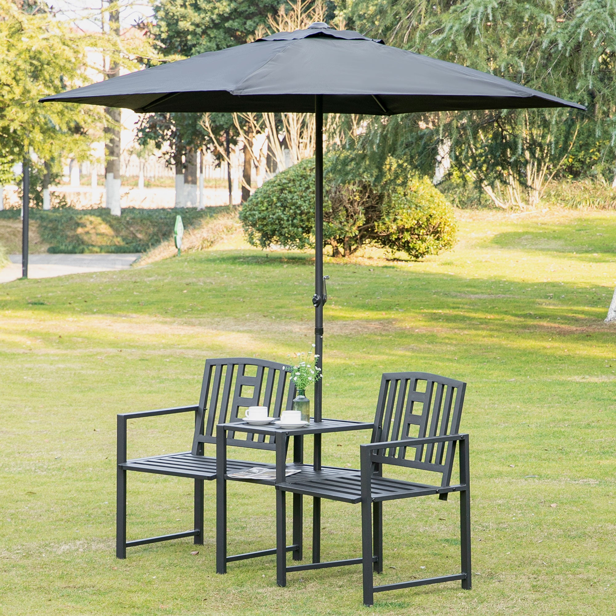 Aosom Metal Outdoor 2-Seater Garden Bench with Table, Umbrella Hole, Black-DECOROLALA