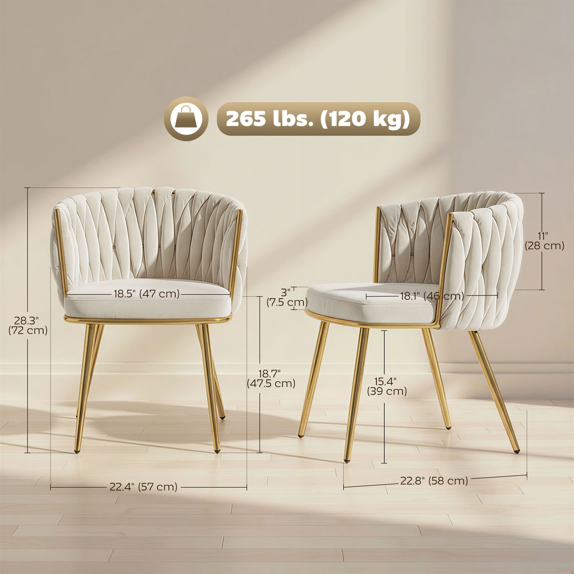 Aosom Modern Dining Chairs Set of 2 - Cream White Velvet Woven Back-Home Furnishings > Kitchen & Dining Furniture > Dining Chairs-DECOROLALA