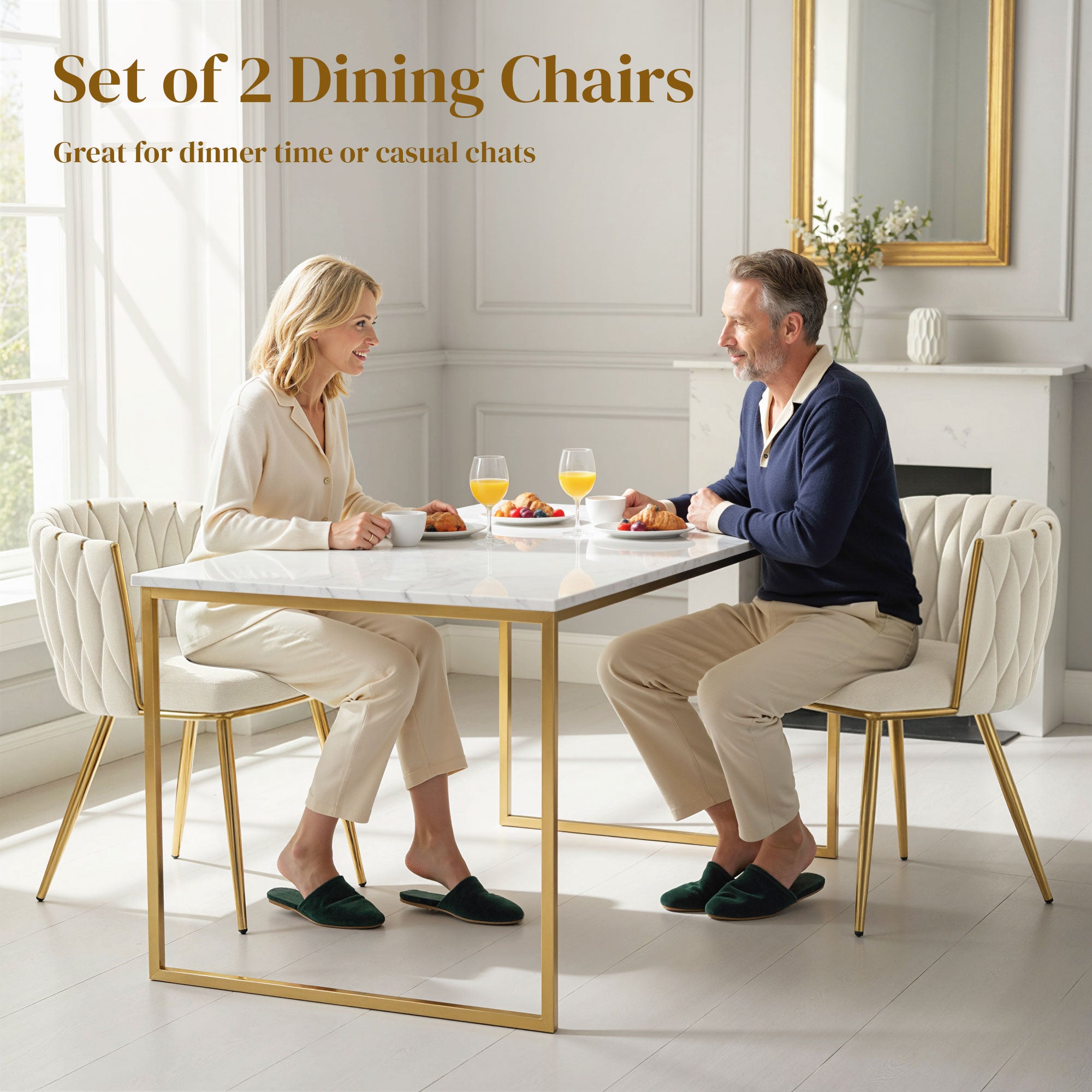Aosom Modern Dining Chairs Set of 2 - Cream White Velvet Woven Back-Home Furnishings > Kitchen & Dining Furniture > Dining Chairs-DECOROLALA