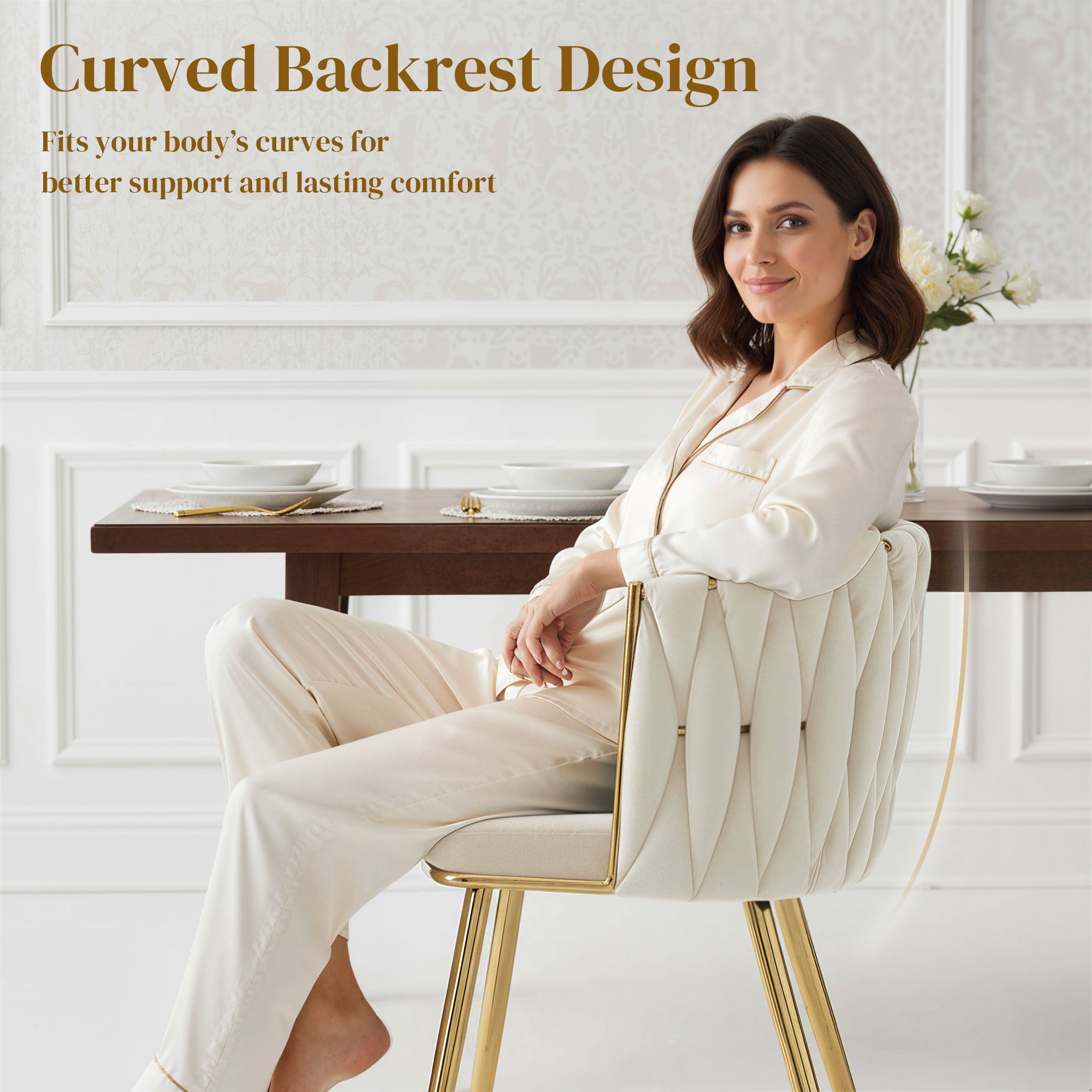 Aosom Modern Dining Chairs Set of 2 - Cream White Velvet Woven Back-Home Furnishings > Kitchen & Dining Furniture > Dining Chairs-DECOROLALA