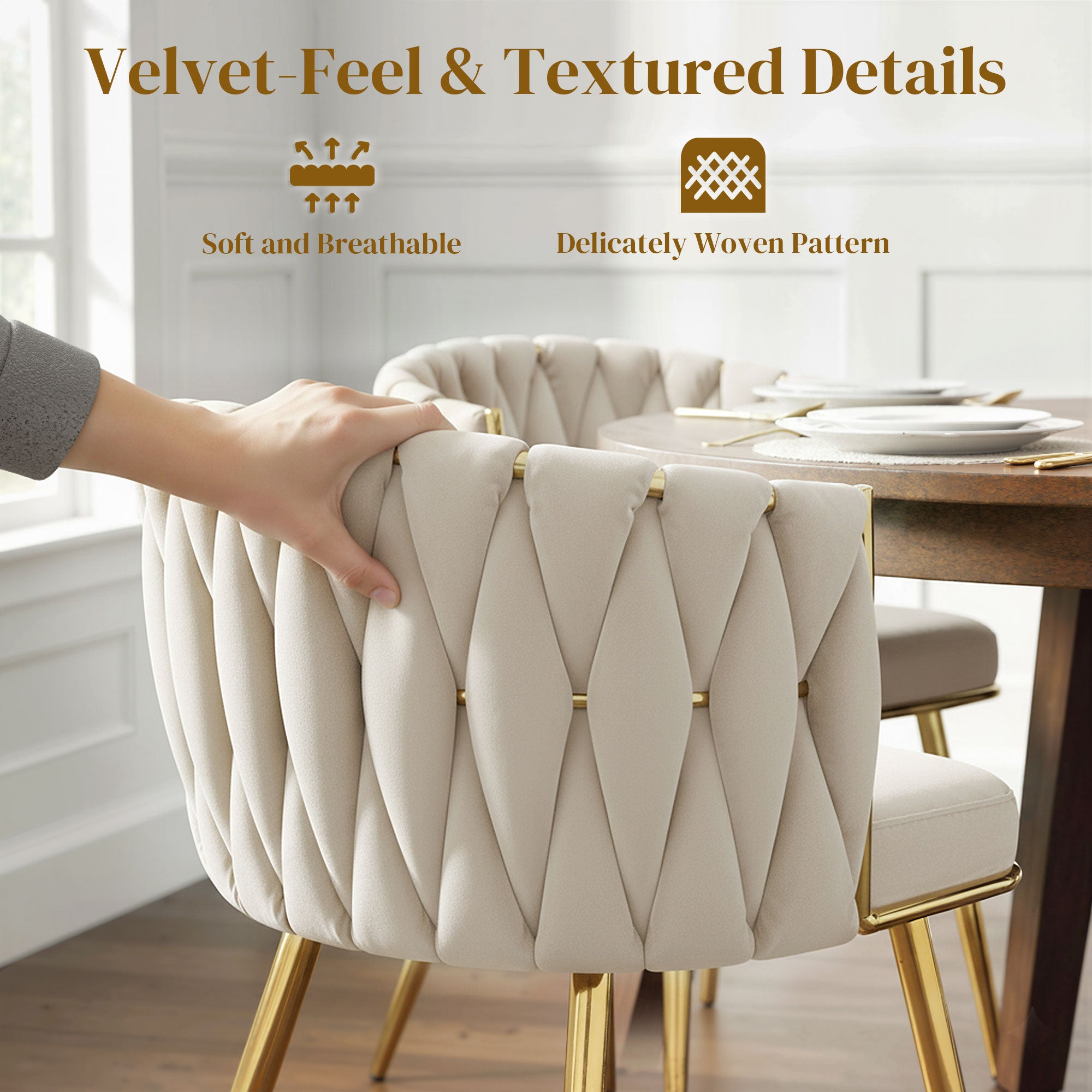 Aosom Modern Dining Chairs Set of 2 - Cream White Velvet Woven Back-Home Furnishings > Kitchen & Dining Furniture > Dining Chairs-DECOROLALA