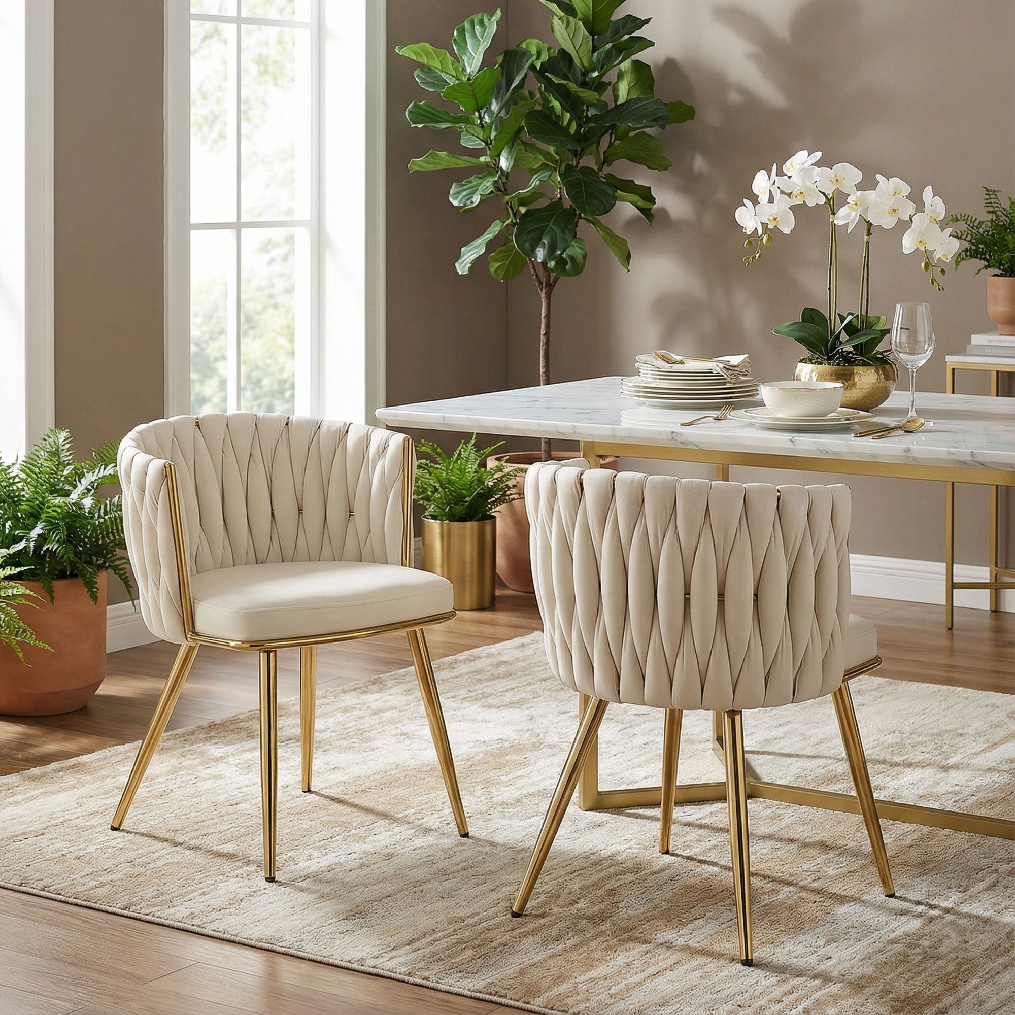Aosom Modern Dining Chairs Set of 2 - Cream White Velvet Woven Back-Home Furnishings > Kitchen & Dining Furniture > Dining Chairs-DECOROLALA