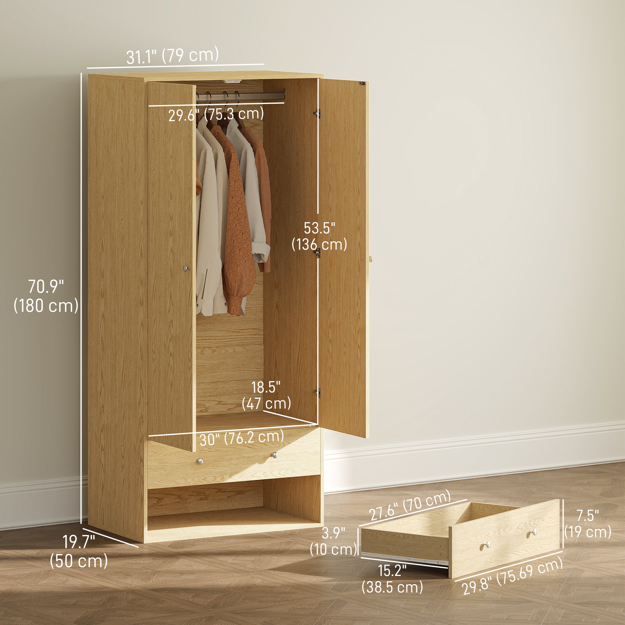 Aosom Modern Wardrobe Closet - 2 Drawers & Hanging Rod Natural Wood-DECOROLALA