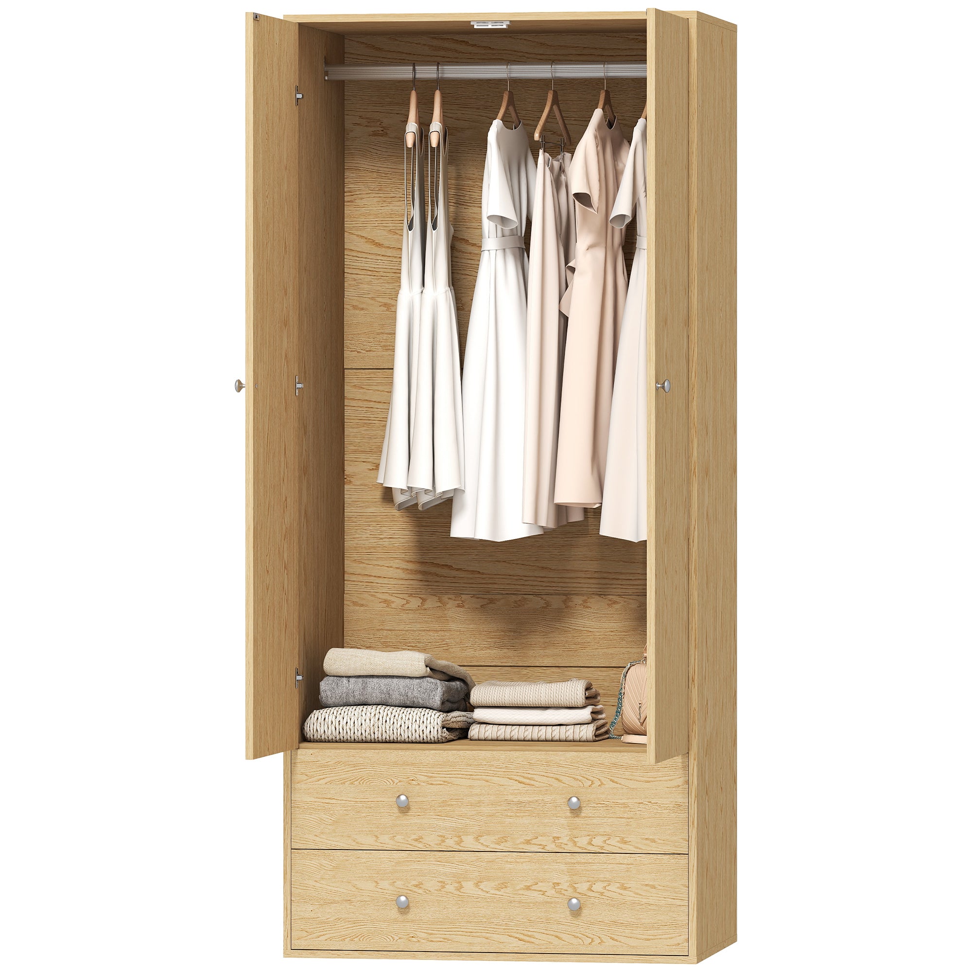Aosom Modern Wardrobe Closet - 2 Drawers & Hanging Rod Natural Wood-DECOROLALA