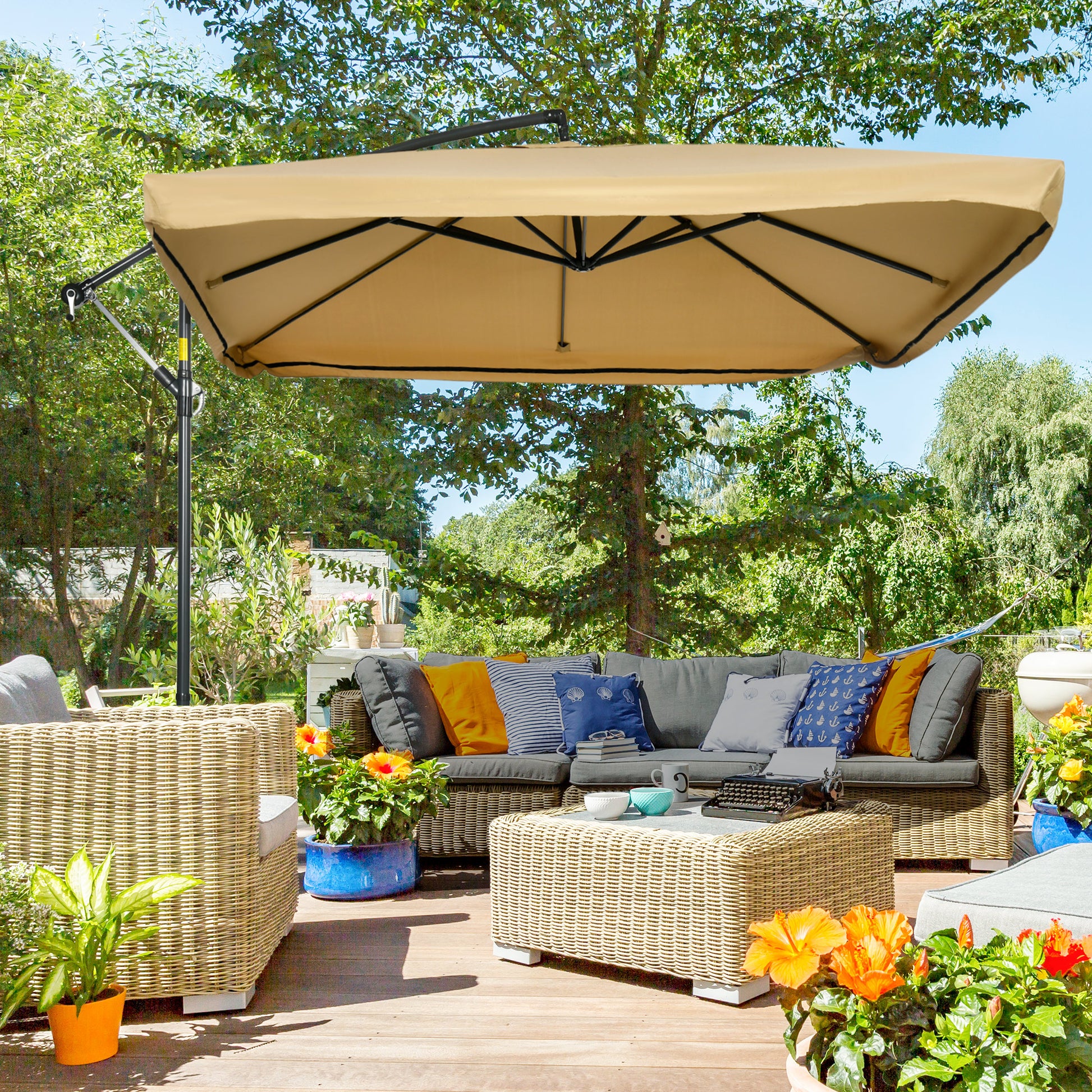 Aosom Offset Patio Umbrella 10ft Square - Beige Net-DECOROLALA