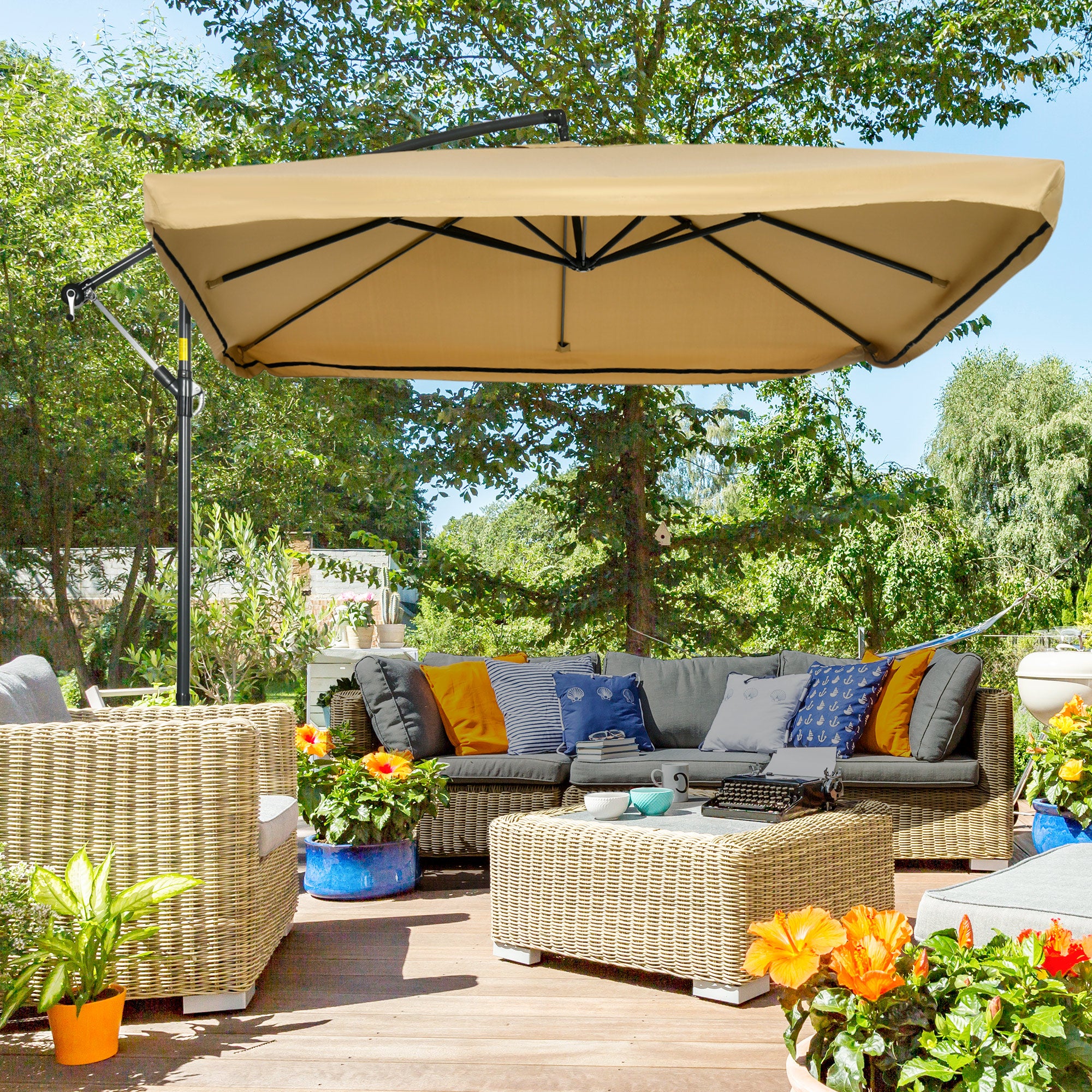 Aosom Offset Patio Umbrella 10ft Square - Beige Net-DECOROLALA