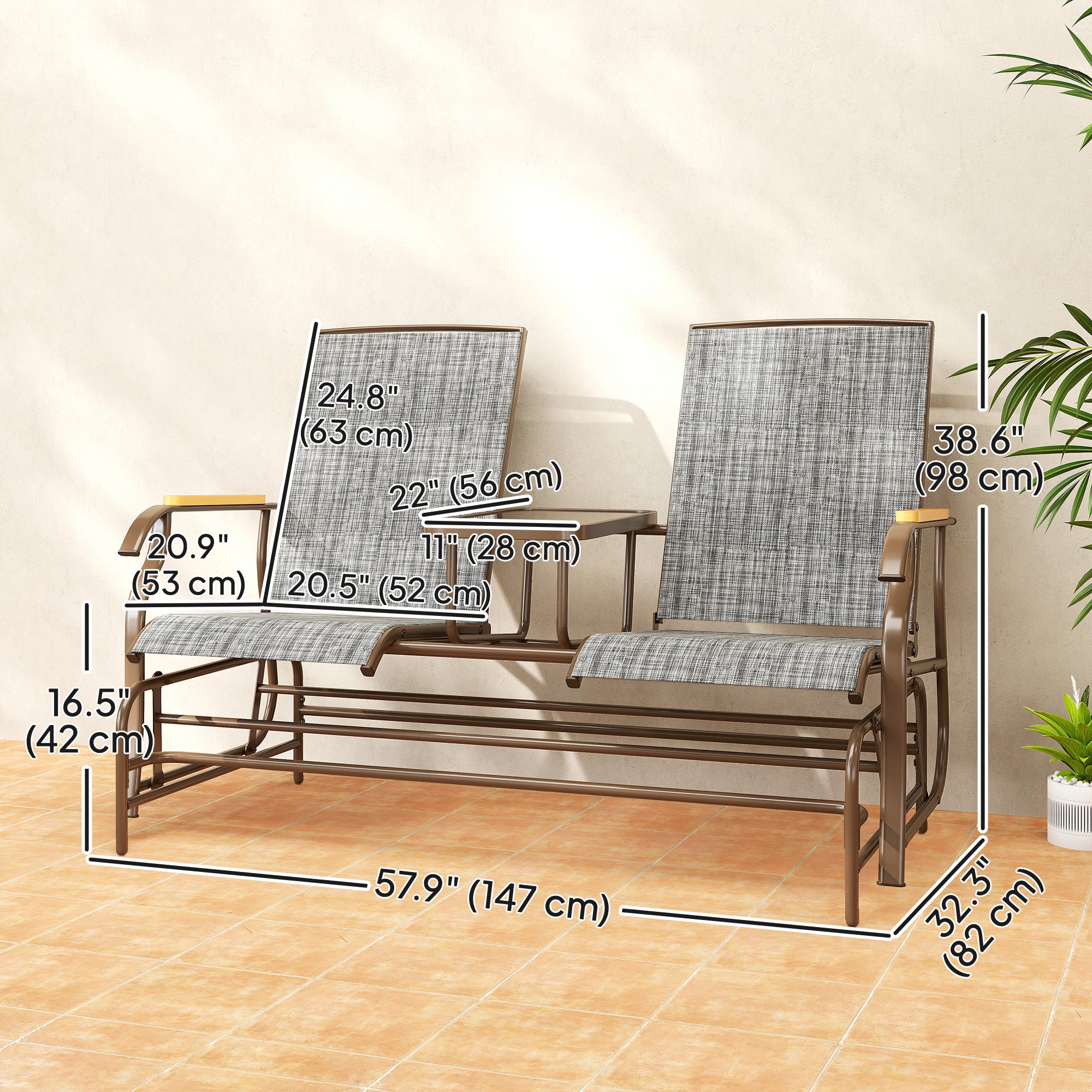 Aosom Outdoor 2-Person Glider Bench - Grey Breathable Mesh, Steel Frame, Table-DECOROLALA