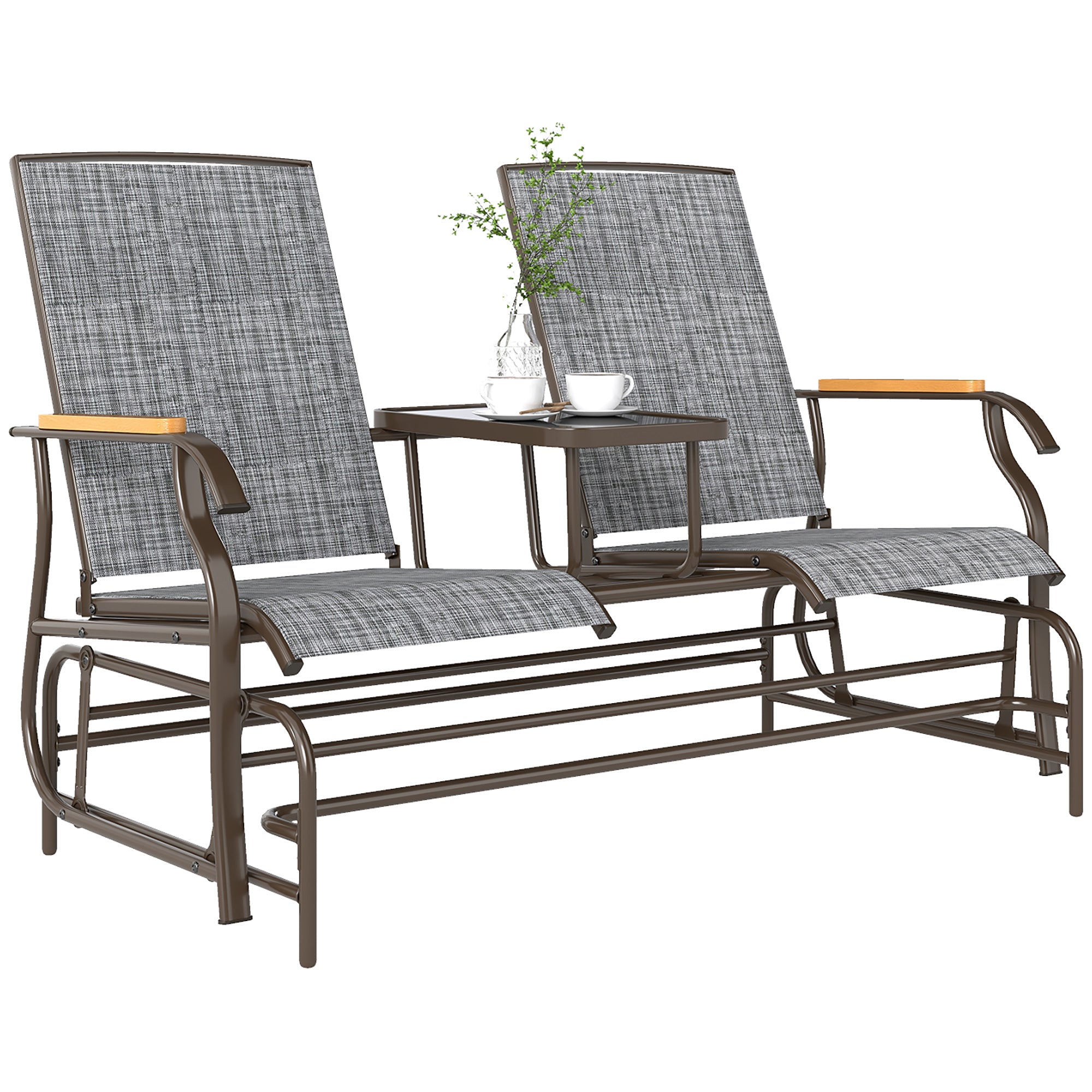 Aosom Outdoor 2-Person Glider Bench - Grey Breathable Mesh, Steel Frame, Table-DECOROLALA