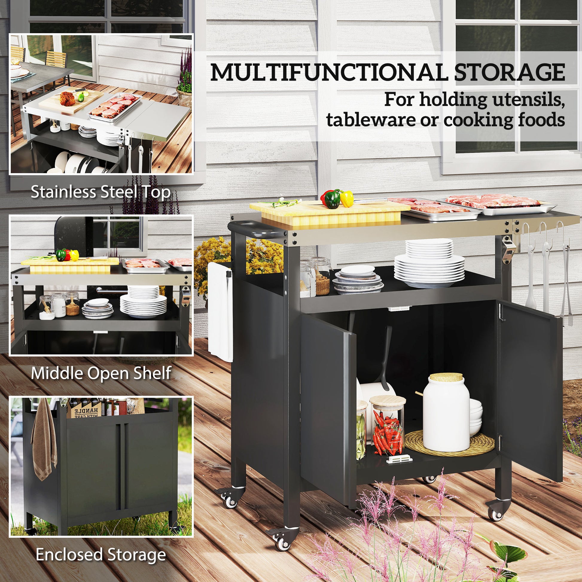 Aosom Outdoor BBQ Grill Cart with Stainless Steel Top - Black-DECOROLALA