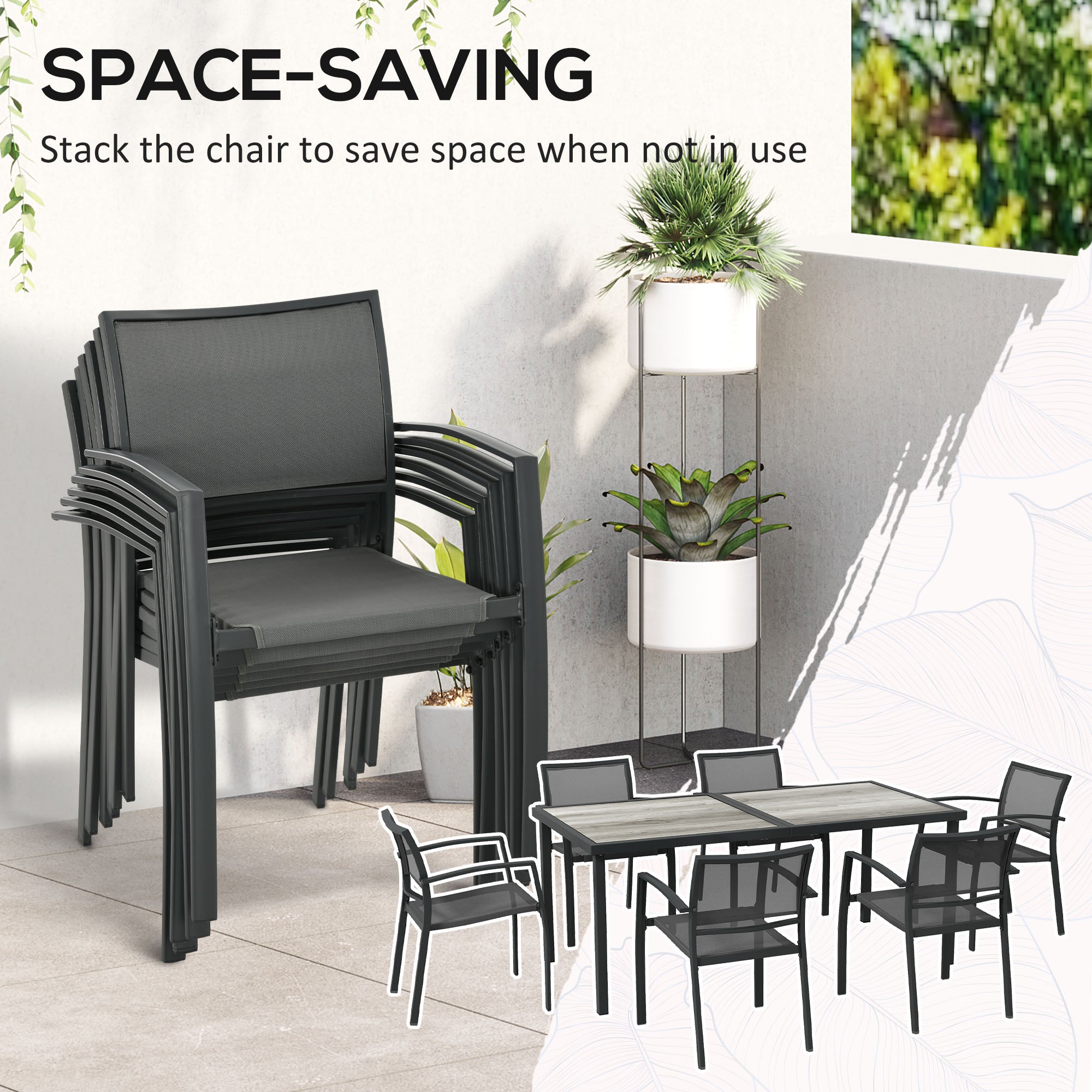 Aosom Outdoor Dining Set - 7pcs, Grey, Plastic, Mesh, Stackable Chairs, Patio Table-DECOROLALA
