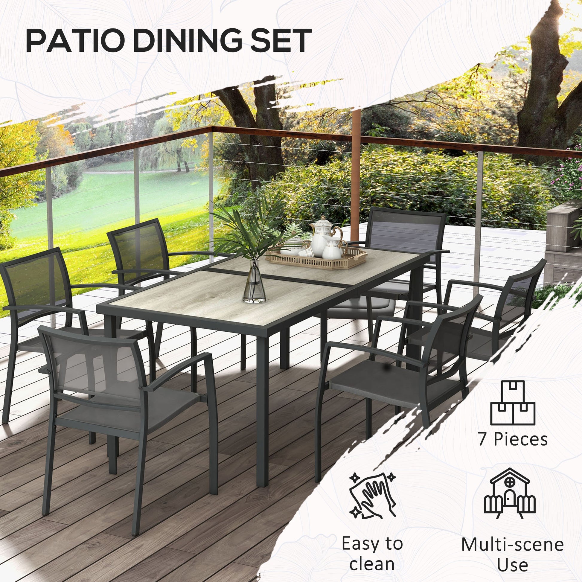Aosom Outdoor Dining Set - 7pcs, Grey, Plastic, Mesh, Stackable Chairs, Patio Table-DECOROLALA