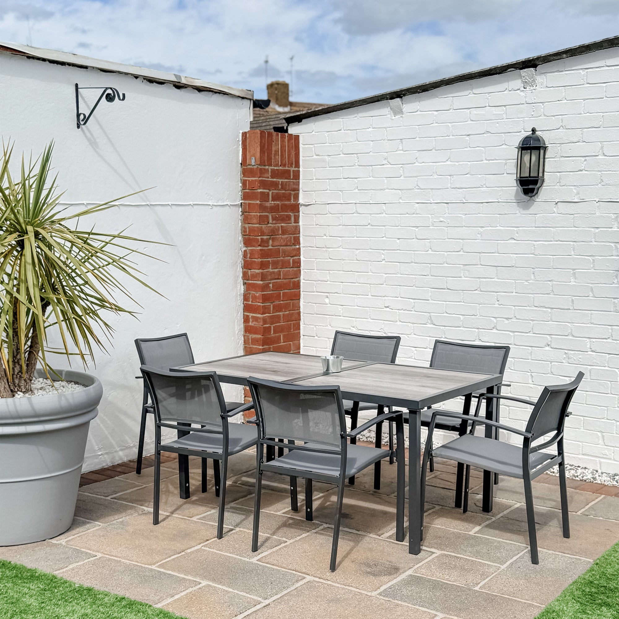 Aosom Outdoor Dining Set - 7pcs, Grey, Plastic, Mesh, Stackable Chairs, Patio Table-DECOROLALA
