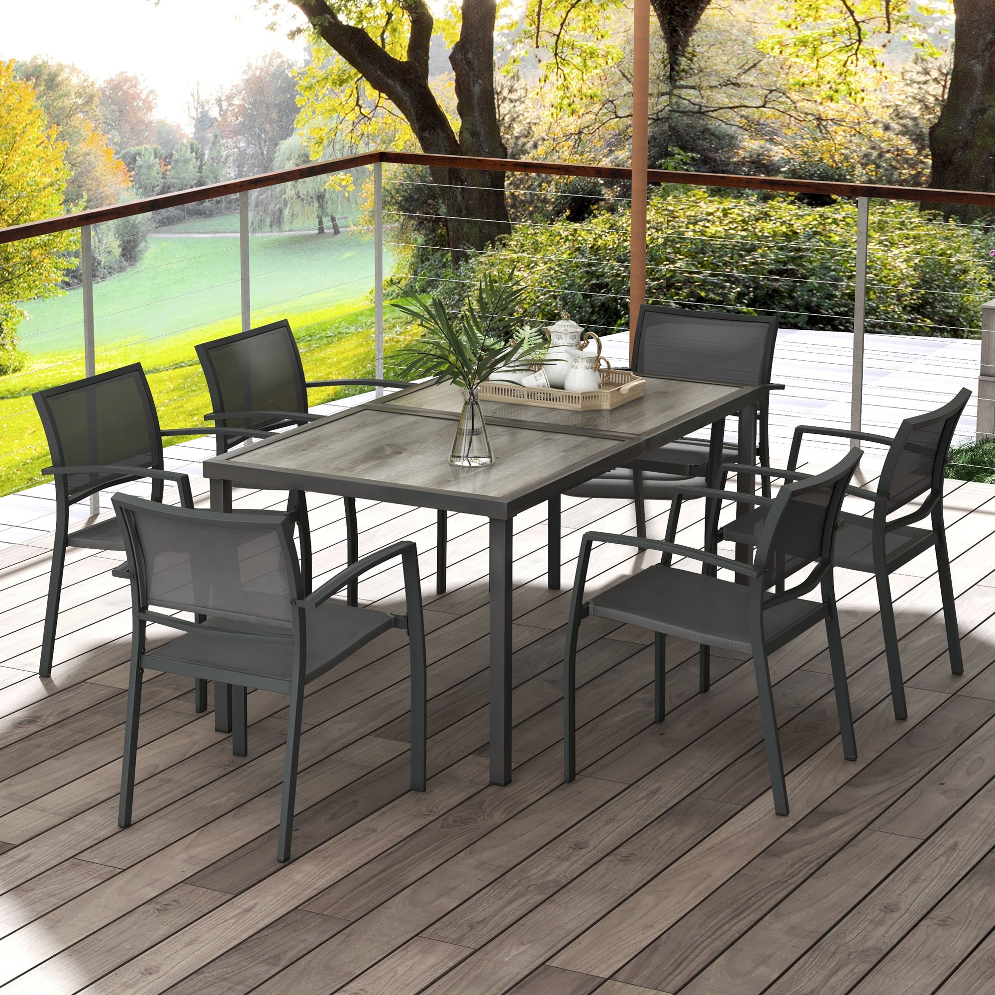 Aosom Outdoor Dining Set - 7pcs, Grey, Plastic, Mesh, Stackable Chairs, Patio Table-DECOROLALA