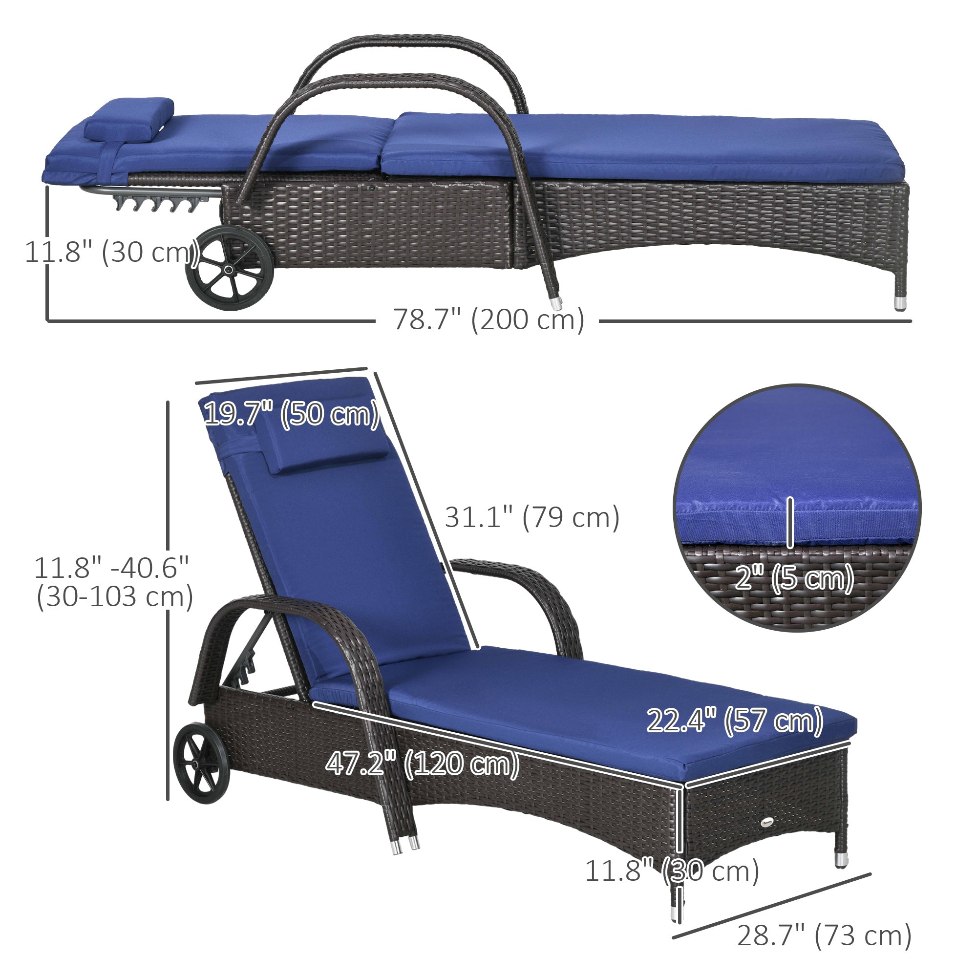 Aosom Outdoor Lounger - 5-Level Adjustable, Deep Coffee & Navy Blue, with Wheels-DECOROLALA