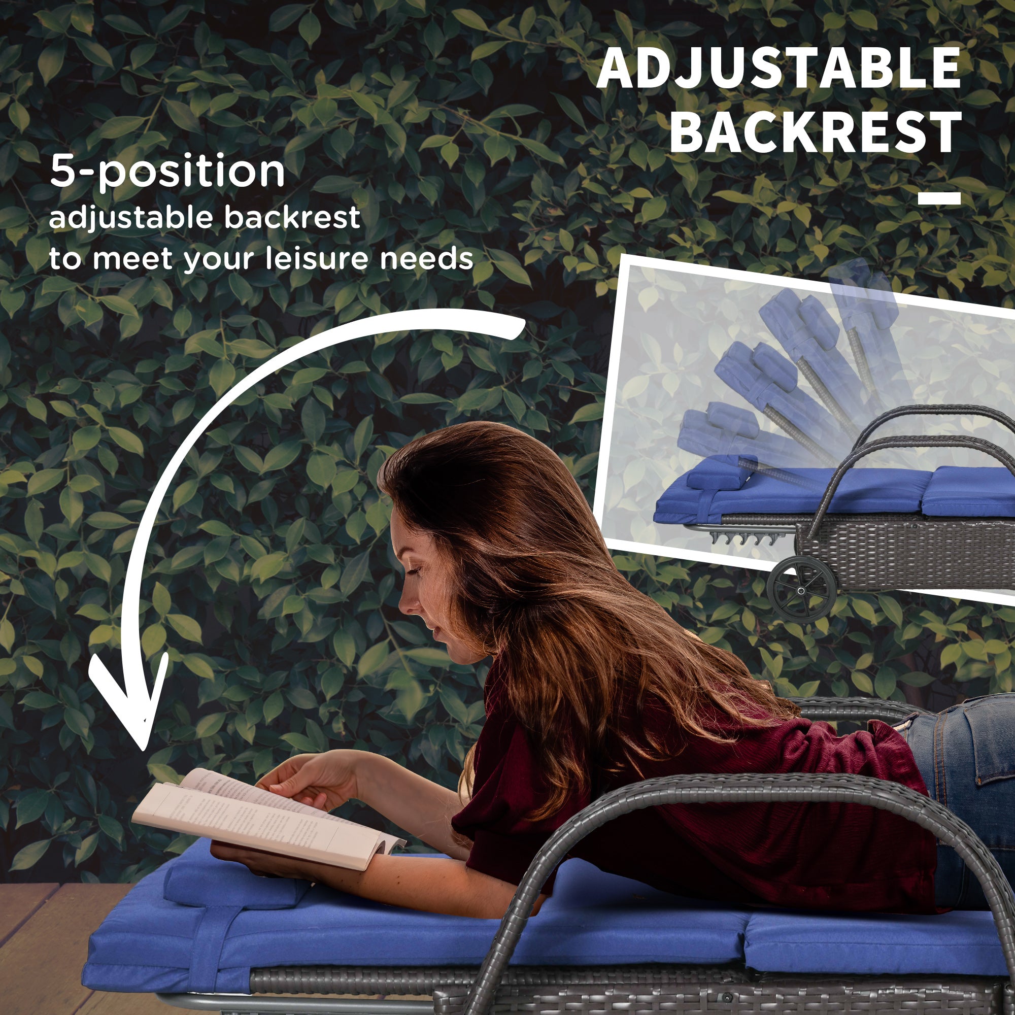 Aosom Outdoor Lounger - 5-Level Adjustable, Deep Coffee & Navy Blue, with Wheels-DECOROLALA