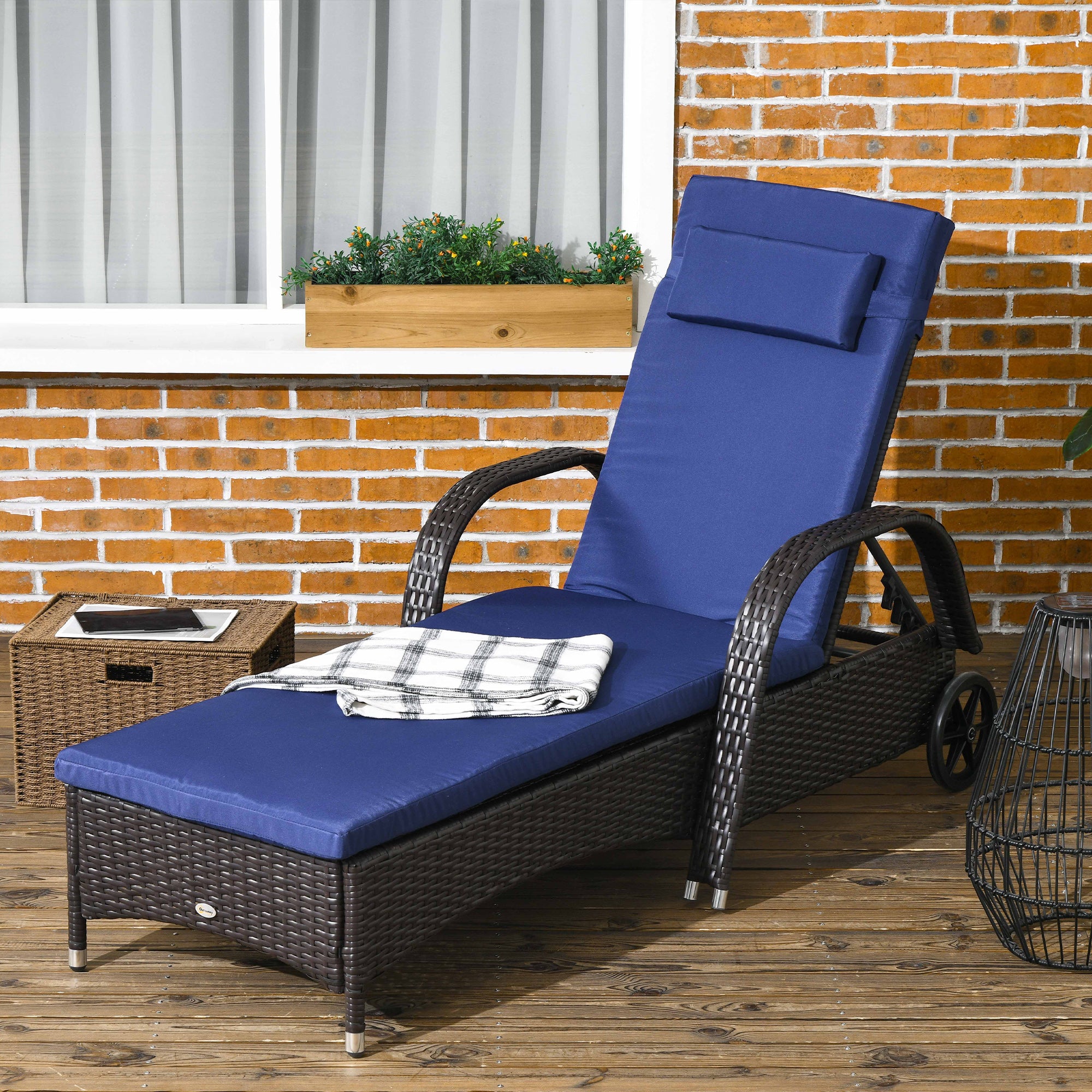 Aosom Outdoor Lounger - 5-Level Adjustable, Deep Coffee & Navy Blue, with Wheels-DECOROLALA