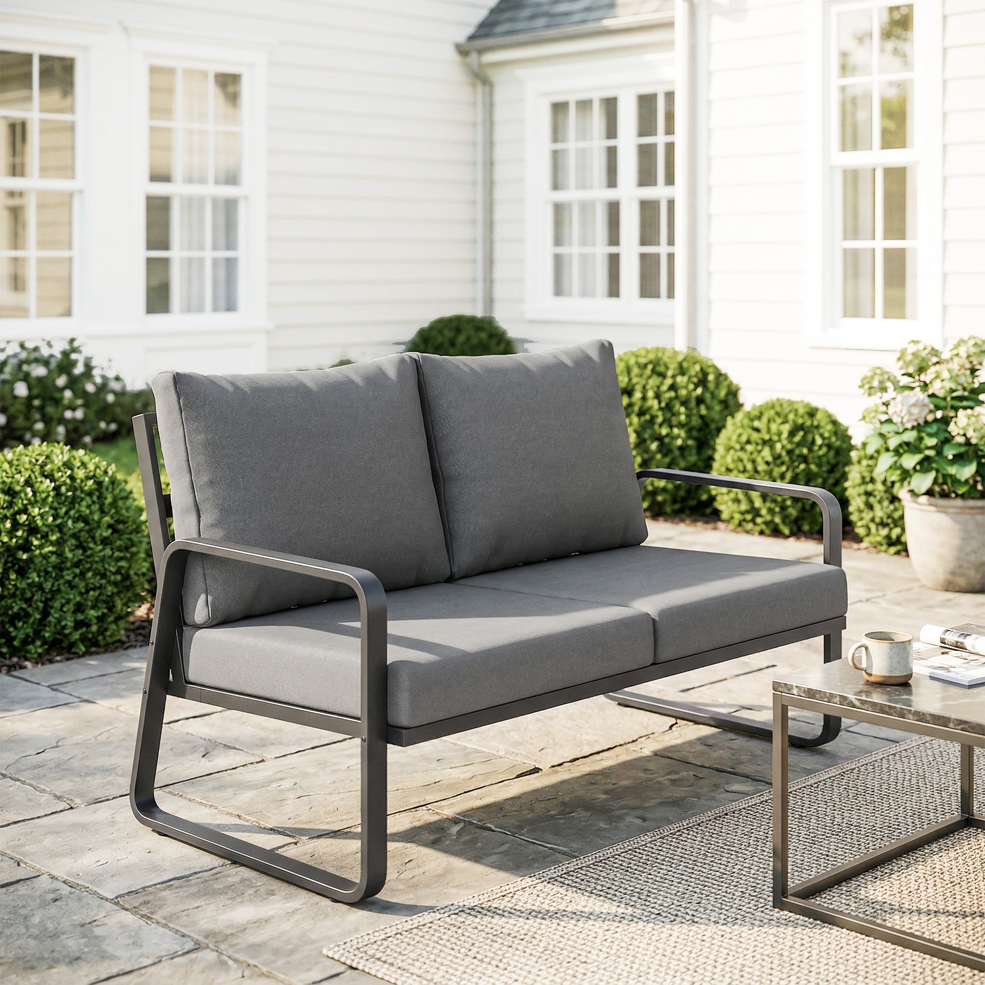 Aosom Outdoor Loveseat 2-Seater - Black & Light Grey-DECOROLALA