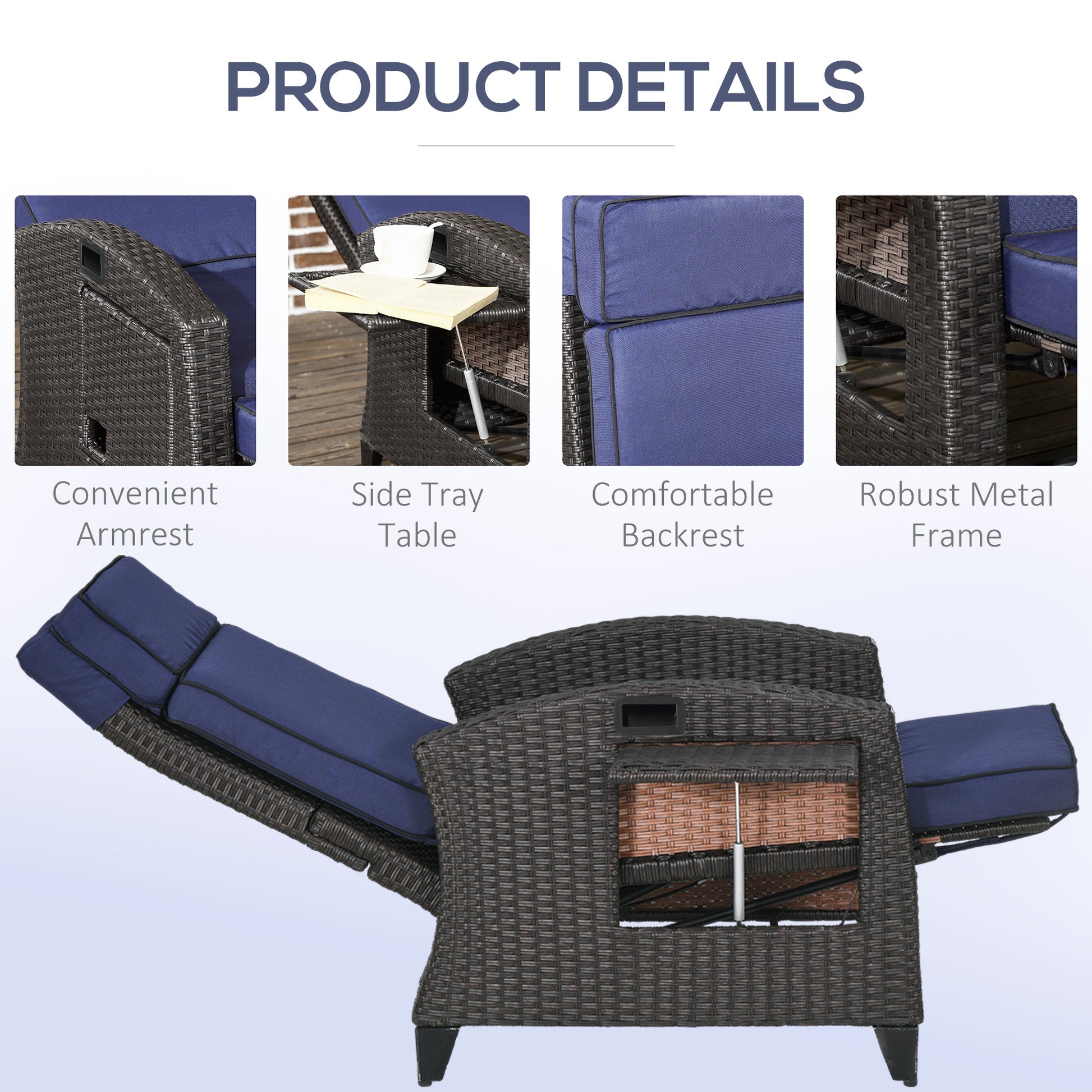 Aosom Outdoor Recliner Chair - Blue Adjustable-DECOROLALA