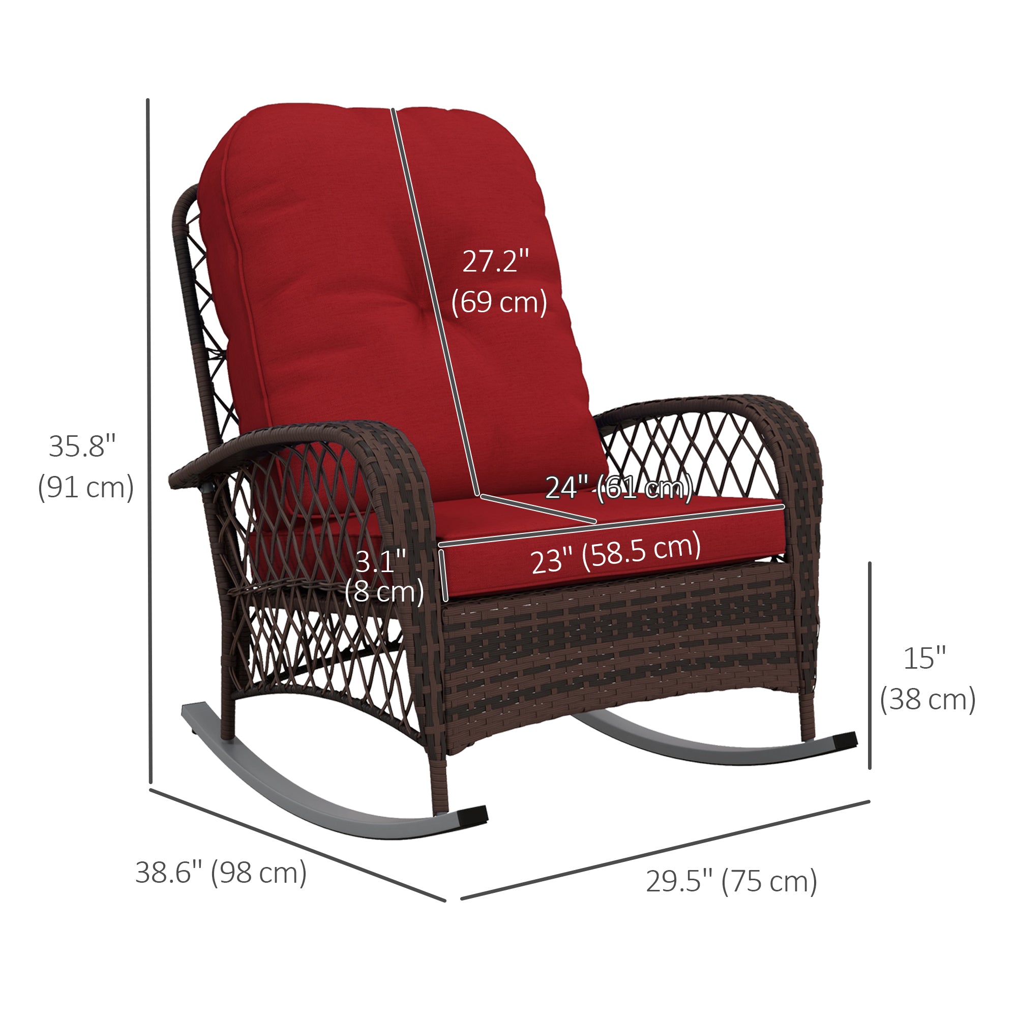 Aosom Outdoor Rocking Chair Wicker Red Cushion-DECOROLALA
