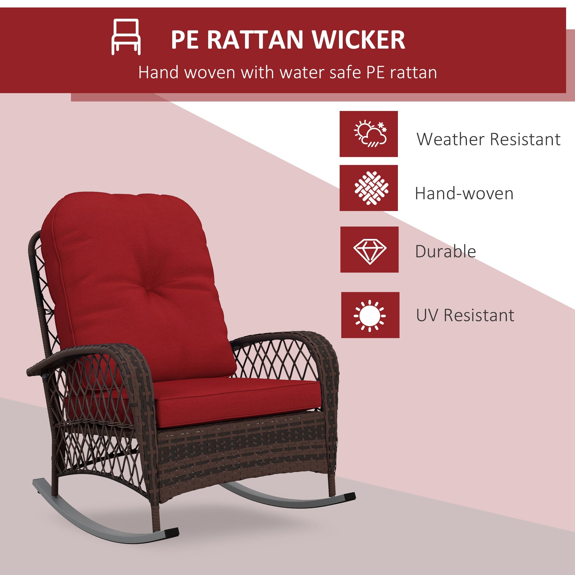 Aosom Outdoor Rocking Chair Wicker Red Cushion-DECOROLALA