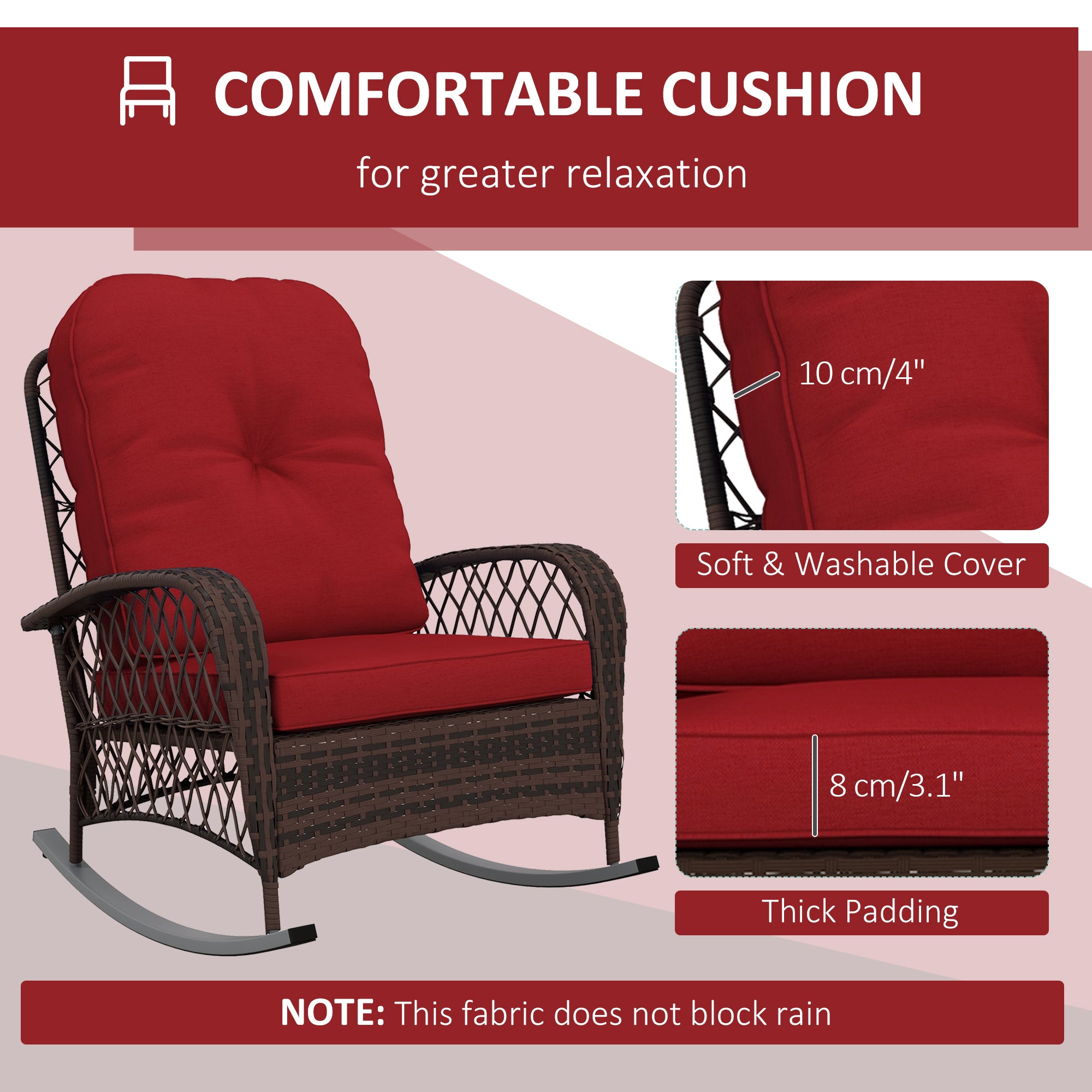 Aosom Outdoor Rocking Chair Wicker Red Cushion-DECOROLALA