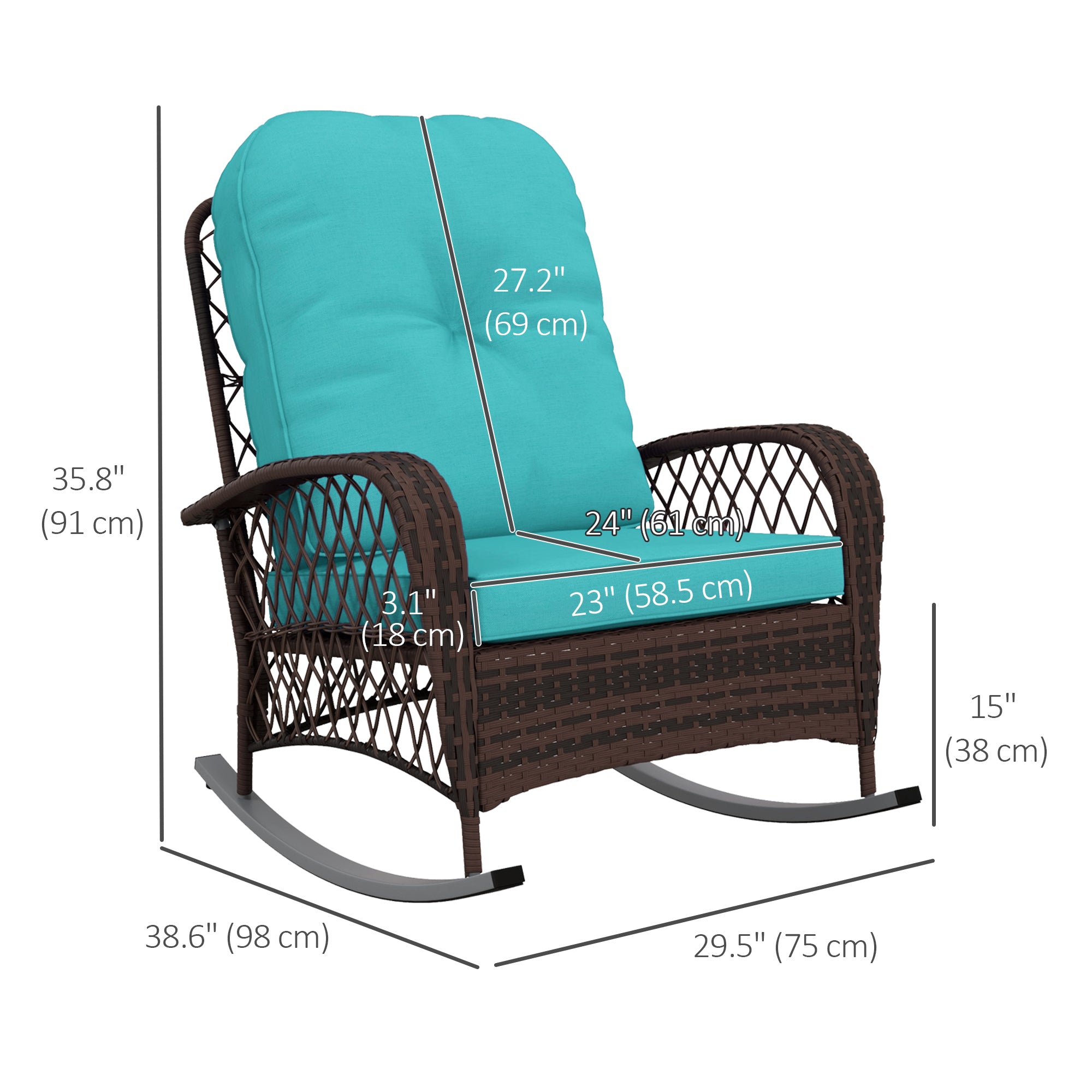 Aosom Outdoor Rocking Chair - Wicker Turquoise Cushions-DECOROLALA
