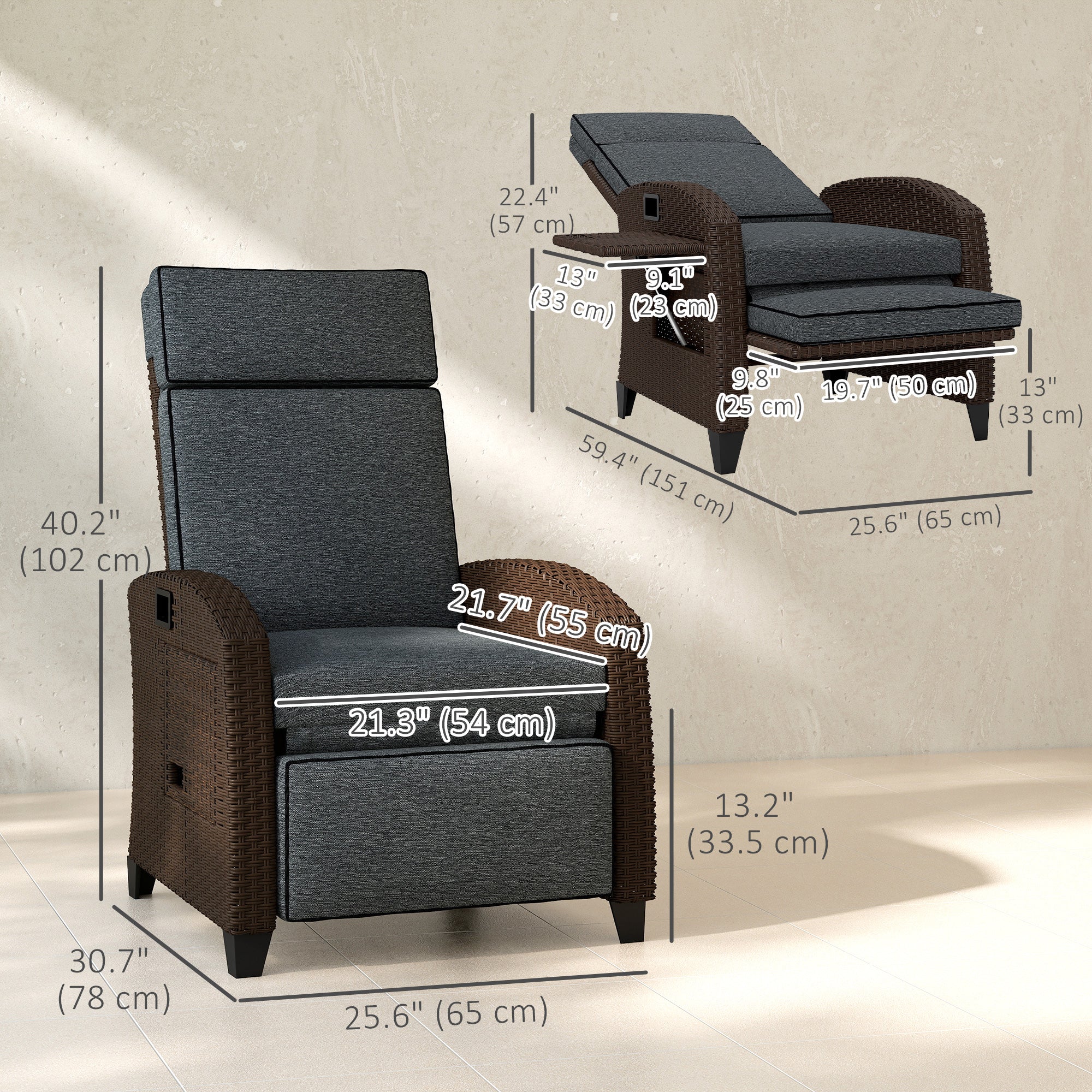 Aosom Outdoor Wicker Recliner Chair with Side Tray - Dark Grey-DECOROLALA