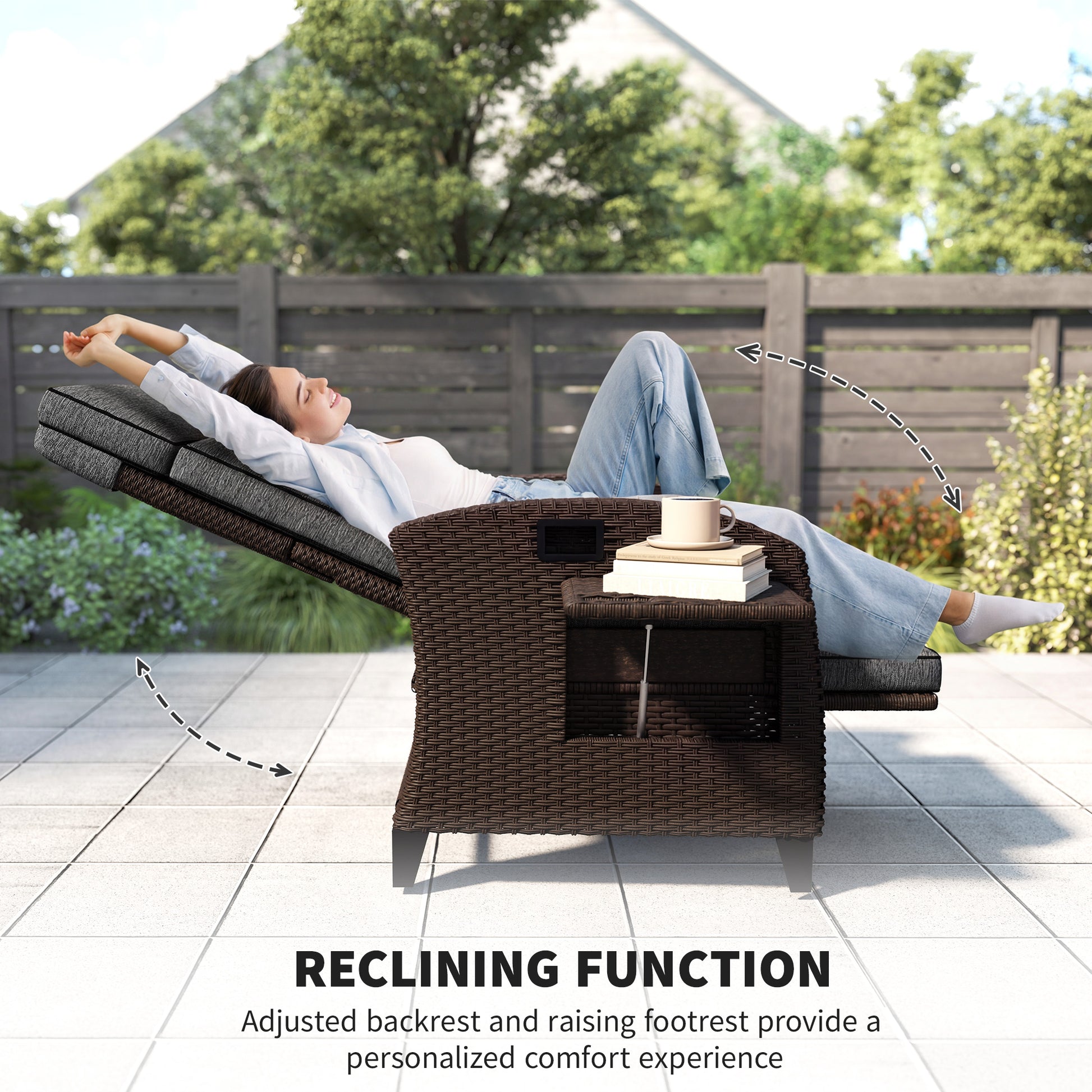 Aosom Outdoor Wicker Recliner Chair with Side Tray - Dark Grey-DECOROLALA