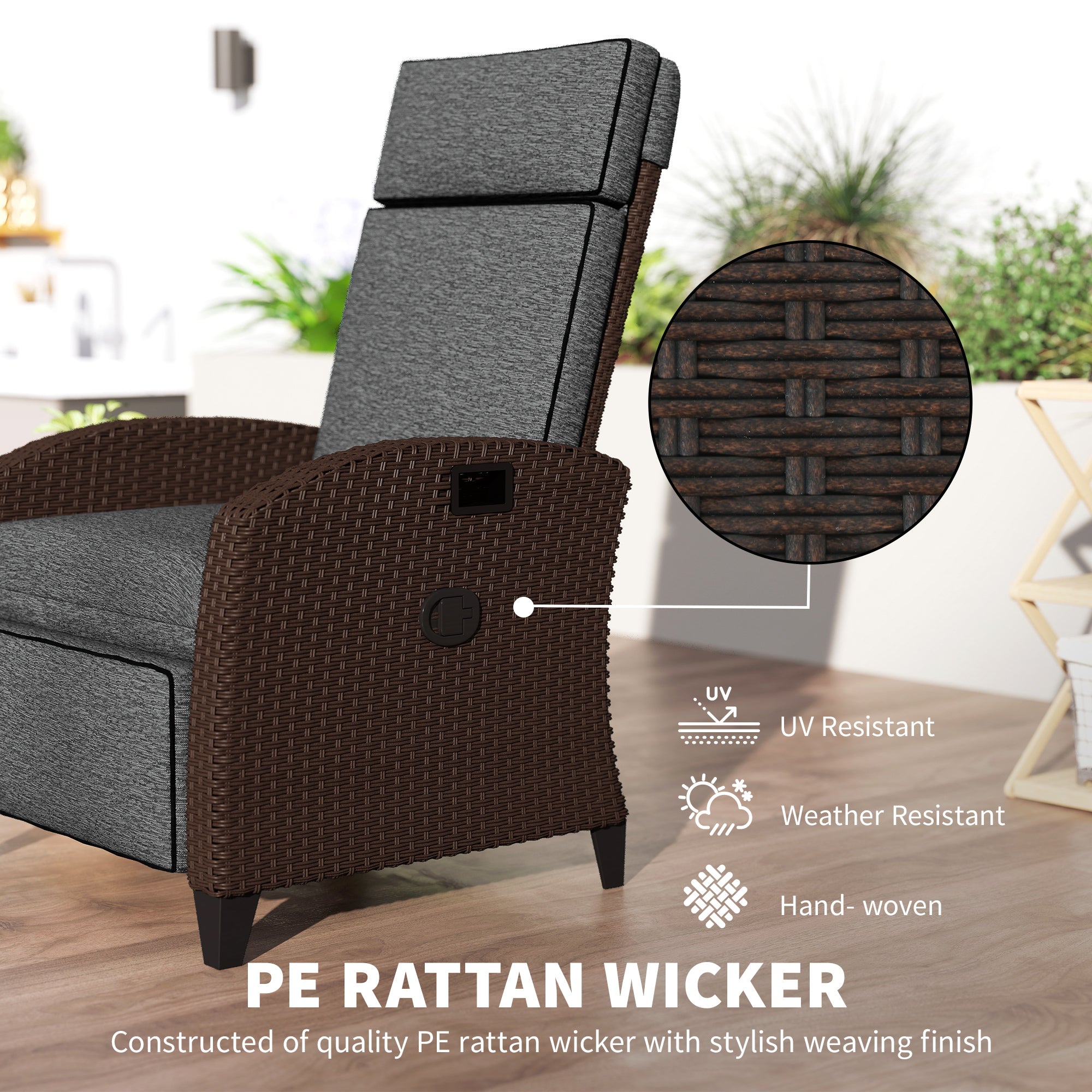 Aosom Outdoor Wicker Recliner Chair with Side Tray - Dark Grey-DECOROLALA