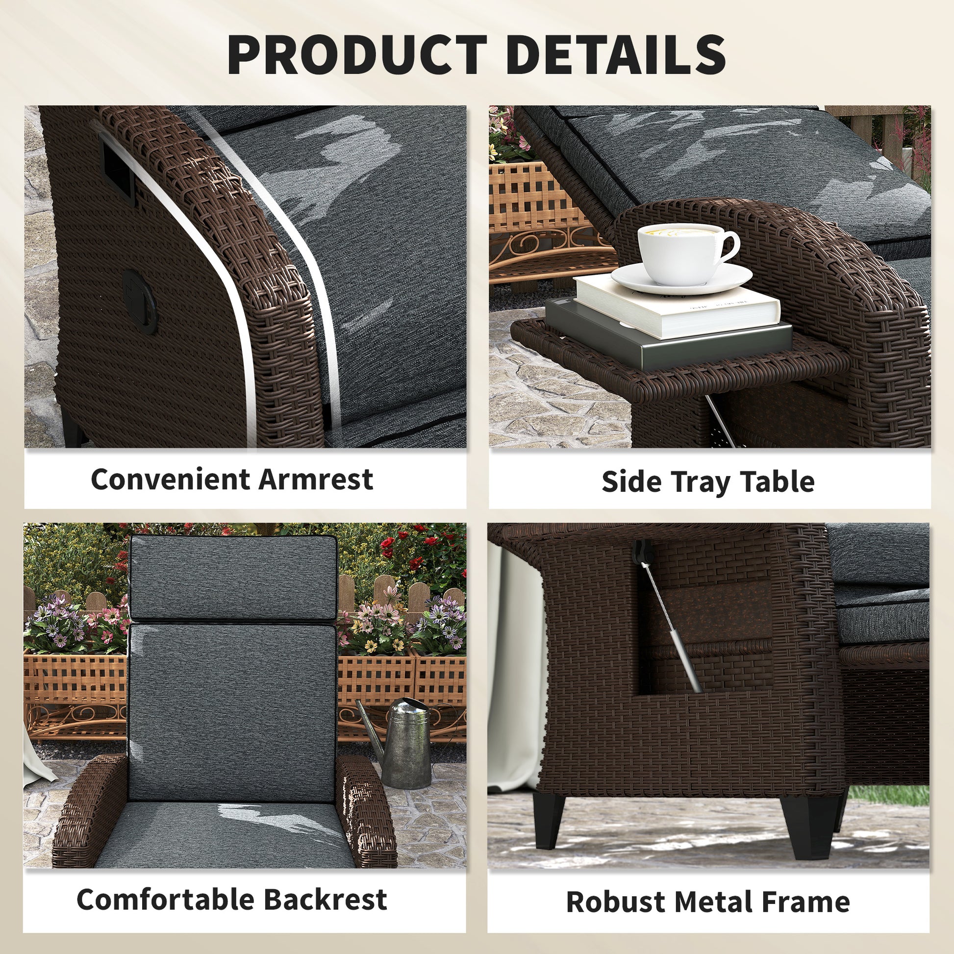 Aosom Outdoor Wicker Recliner Chair with Side Tray - Dark Grey-DECOROLALA