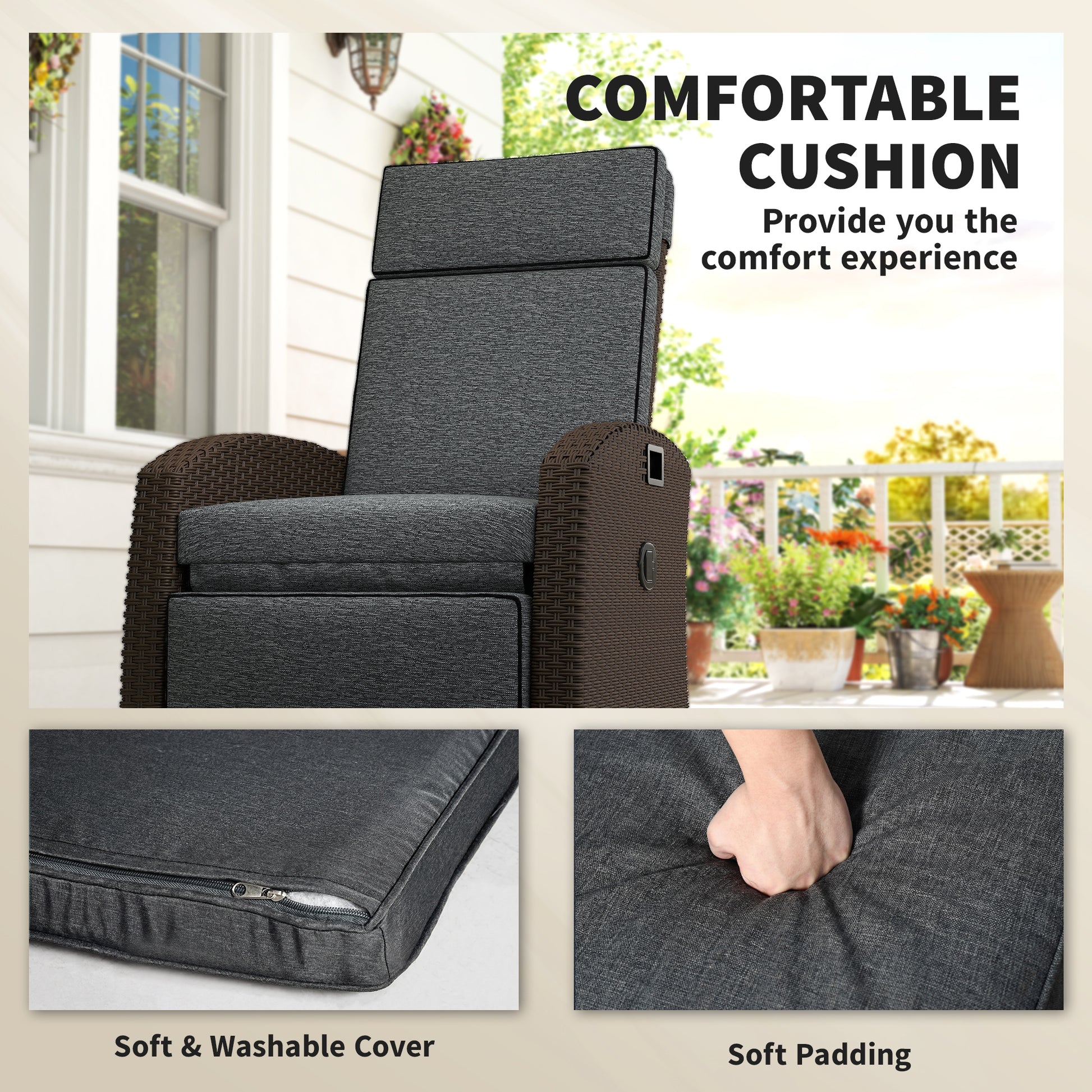 Aosom Outdoor Wicker Recliner Chair with Side Tray - Dark Grey-DECOROLALA