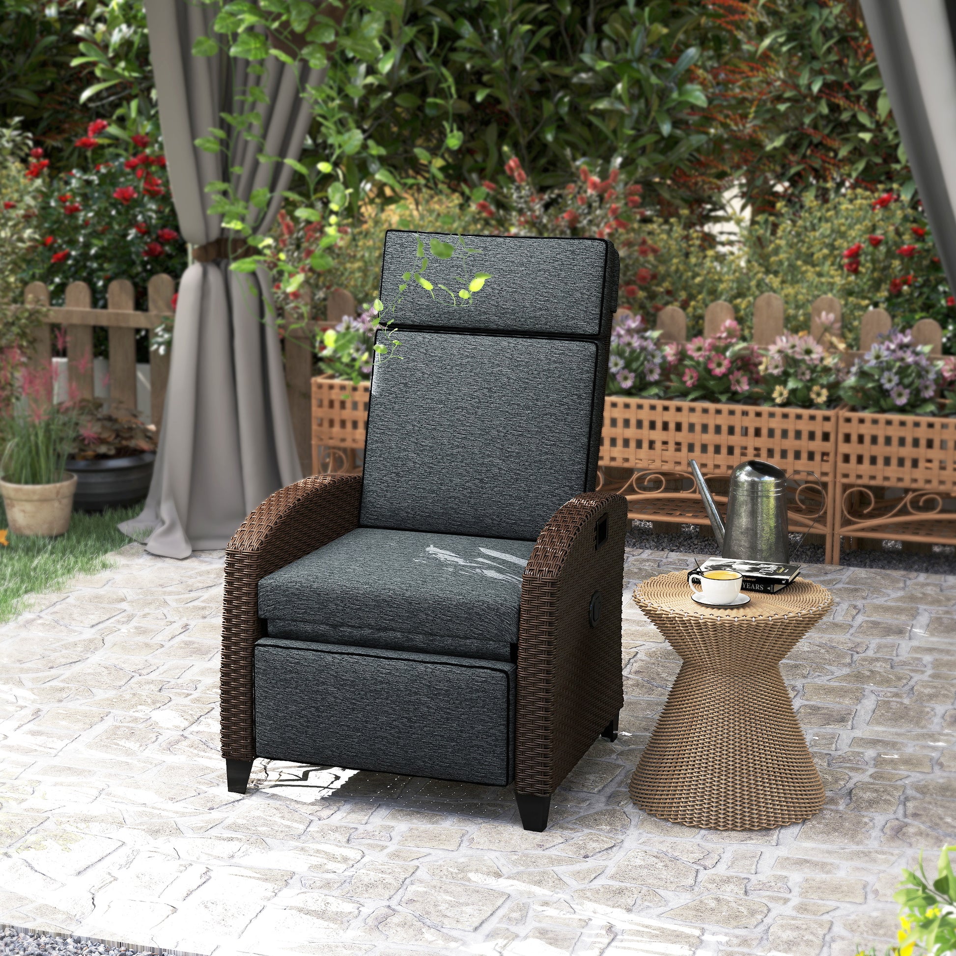 Aosom Outdoor Wicker Recliner Chair with Side Tray - Dark Grey-DECOROLALA