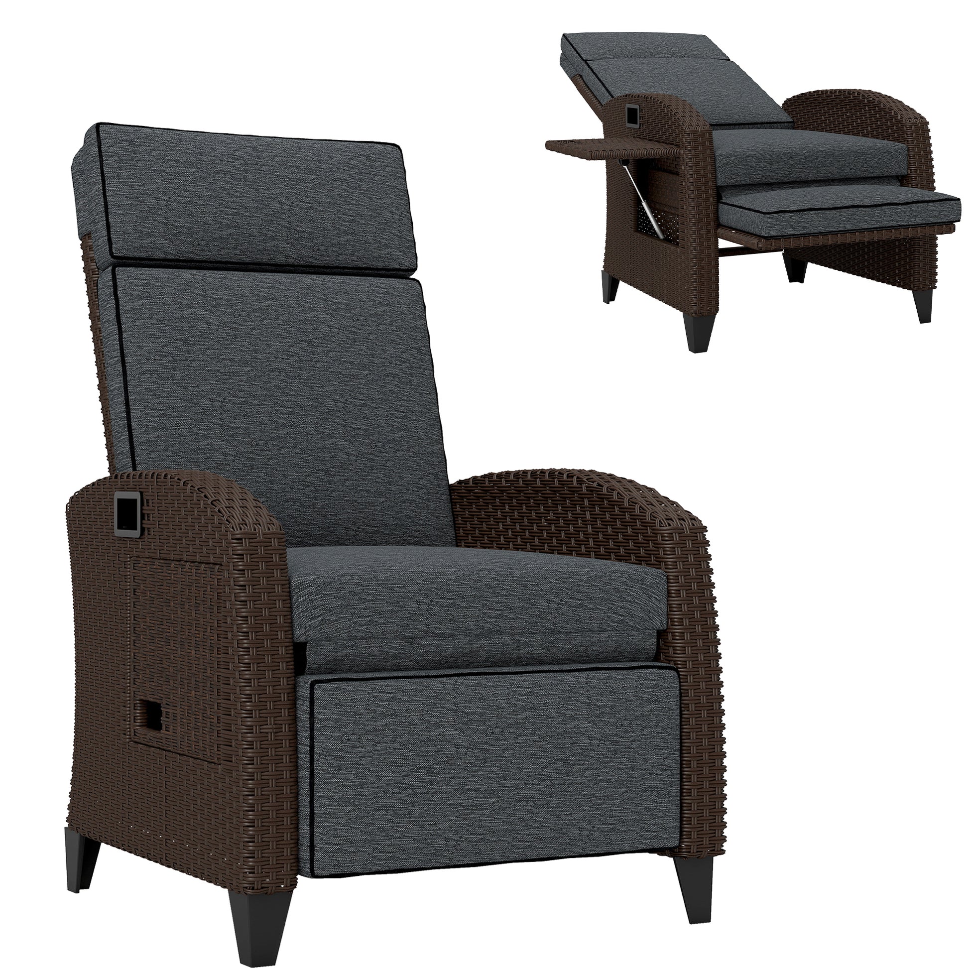 Aosom Outdoor Wicker Recliner Chair with Side Tray - Dark Grey-DECOROLALA