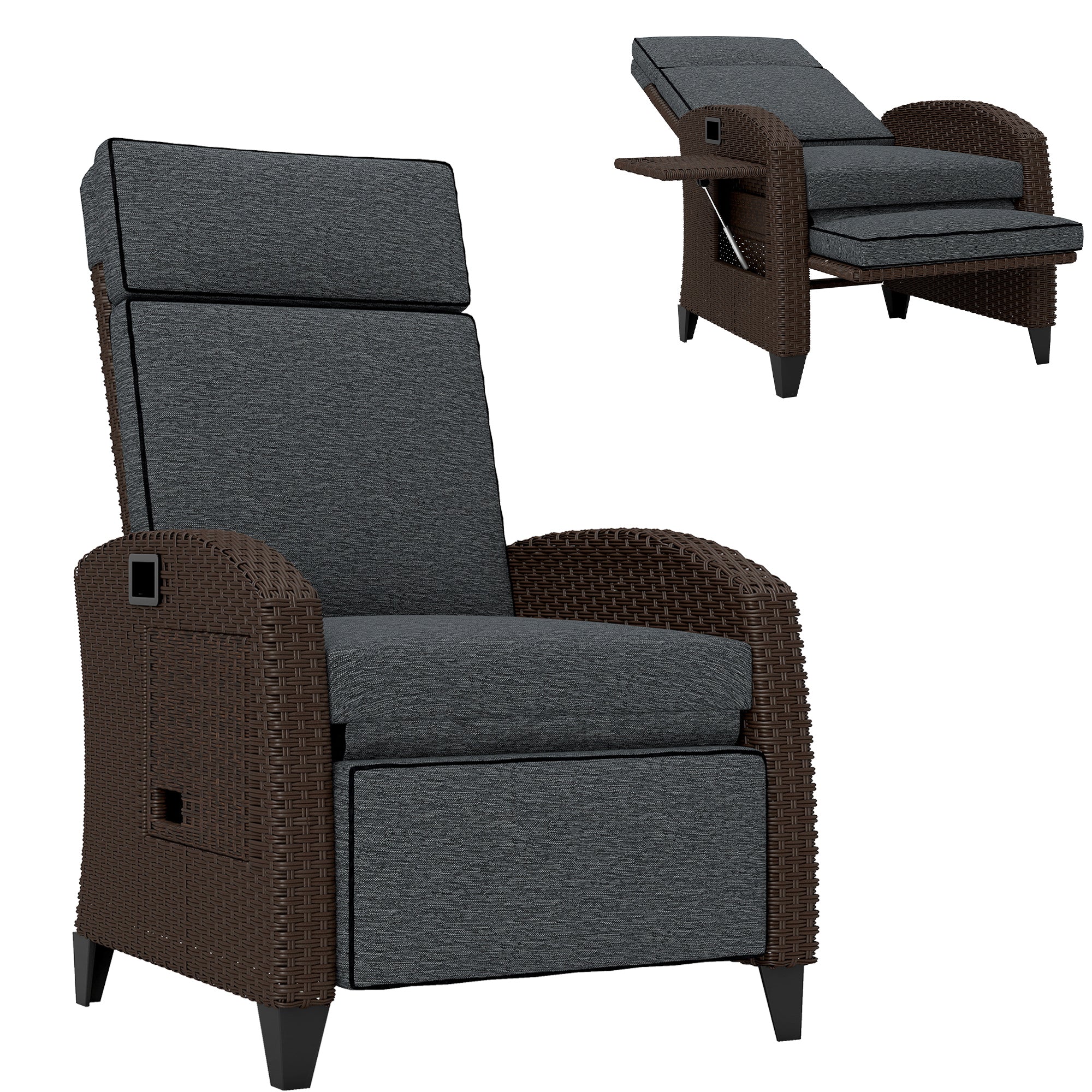 Aosom Outdoor Wicker Recliner Chair with Side Tray - Dark Grey-DECOROLALA