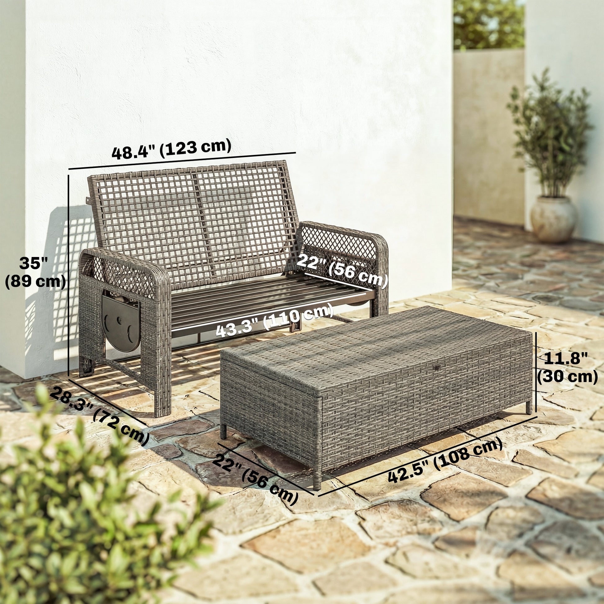 Aosom PE Wicker Patio Daybed with Storage Ottoman & Side Trays-DECOROLALA