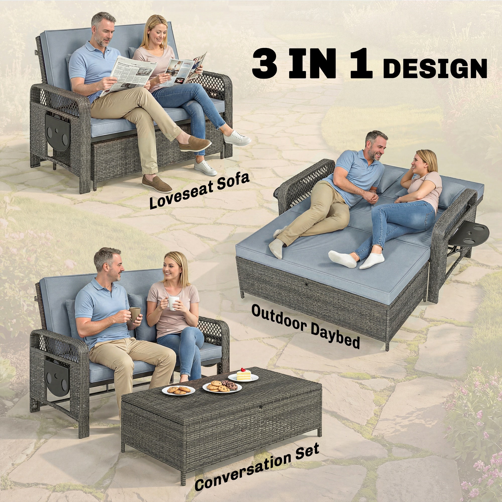 Aosom PE Wicker Patio Daybed with Storage Ottoman & Side Trays-DECOROLALA