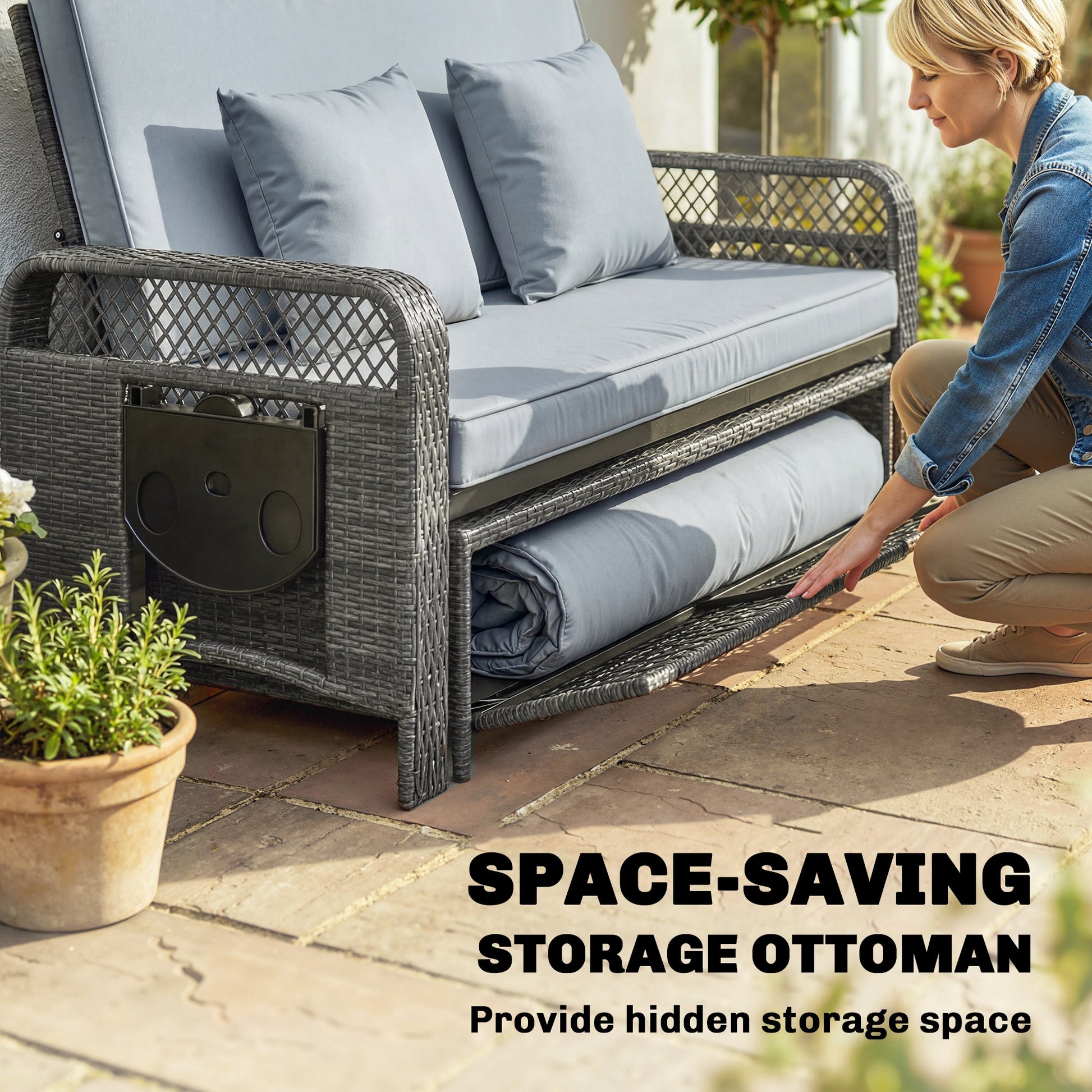 Aosom PE Wicker Patio Daybed with Storage Ottoman & Side Trays-DECOROLALA