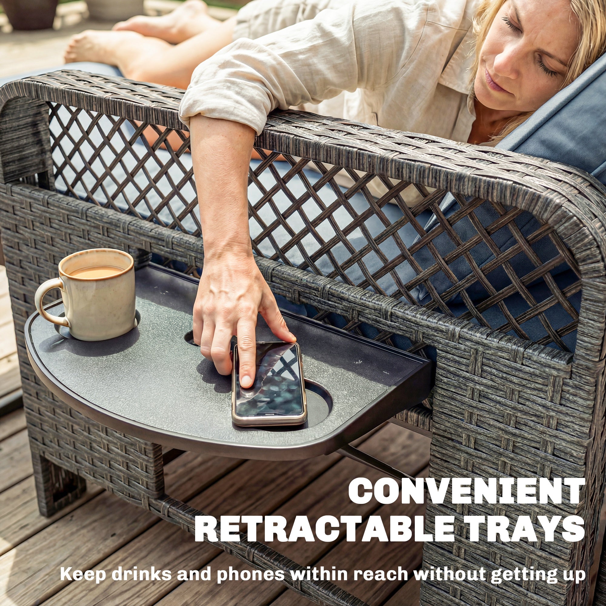 Aosom PE Wicker Patio Daybed with Storage Ottoman & Side Trays-DECOROLALA