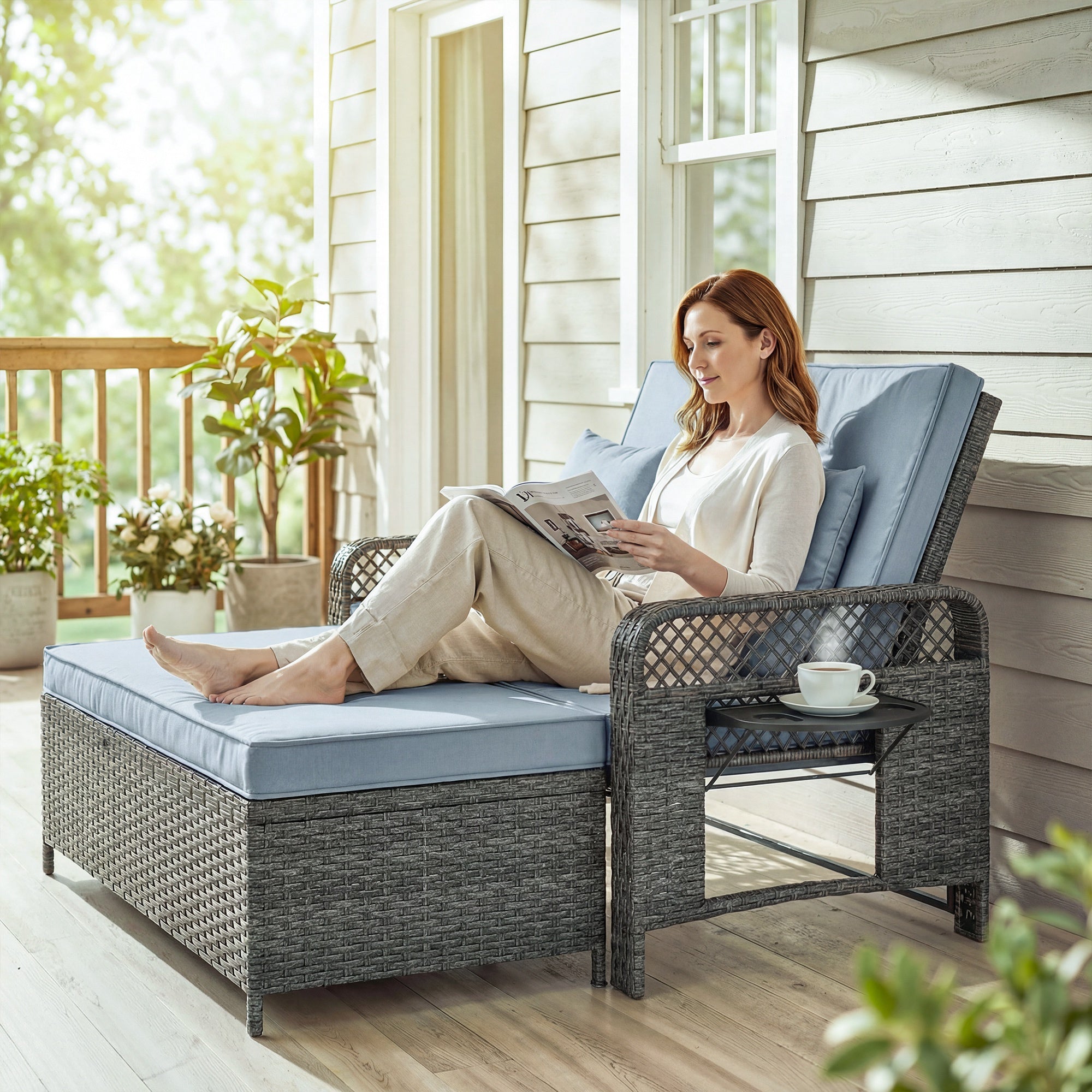 Aosom PE Wicker Patio Daybed with Storage Ottoman & Side Trays-DECOROLALA