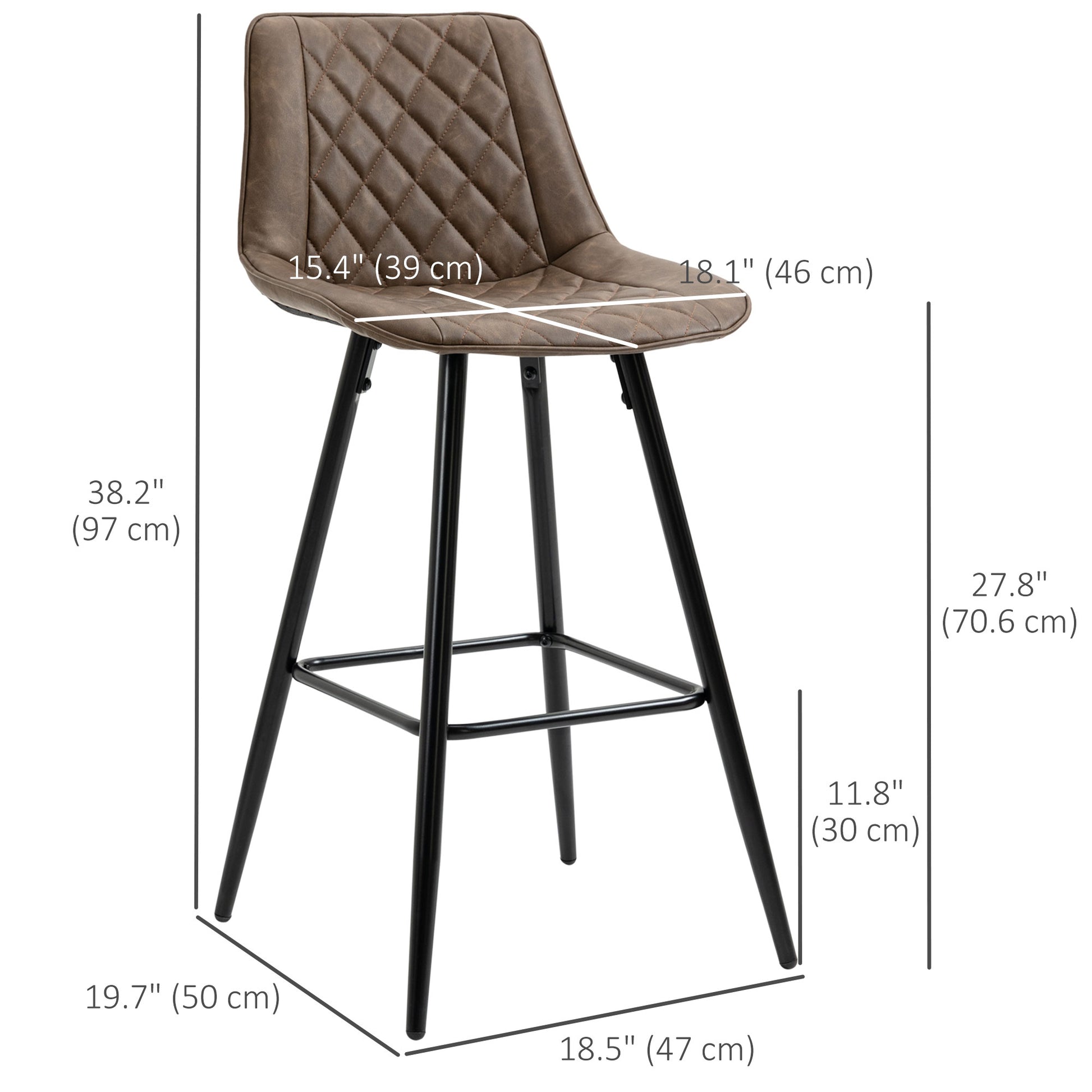 Aosom PU Leather Bar Stools Set of 2 - 27.75" Brown Metal Legs-Home Furnishings > Kitchen & Dining Furniture > Bar Stools-DECOROLALA