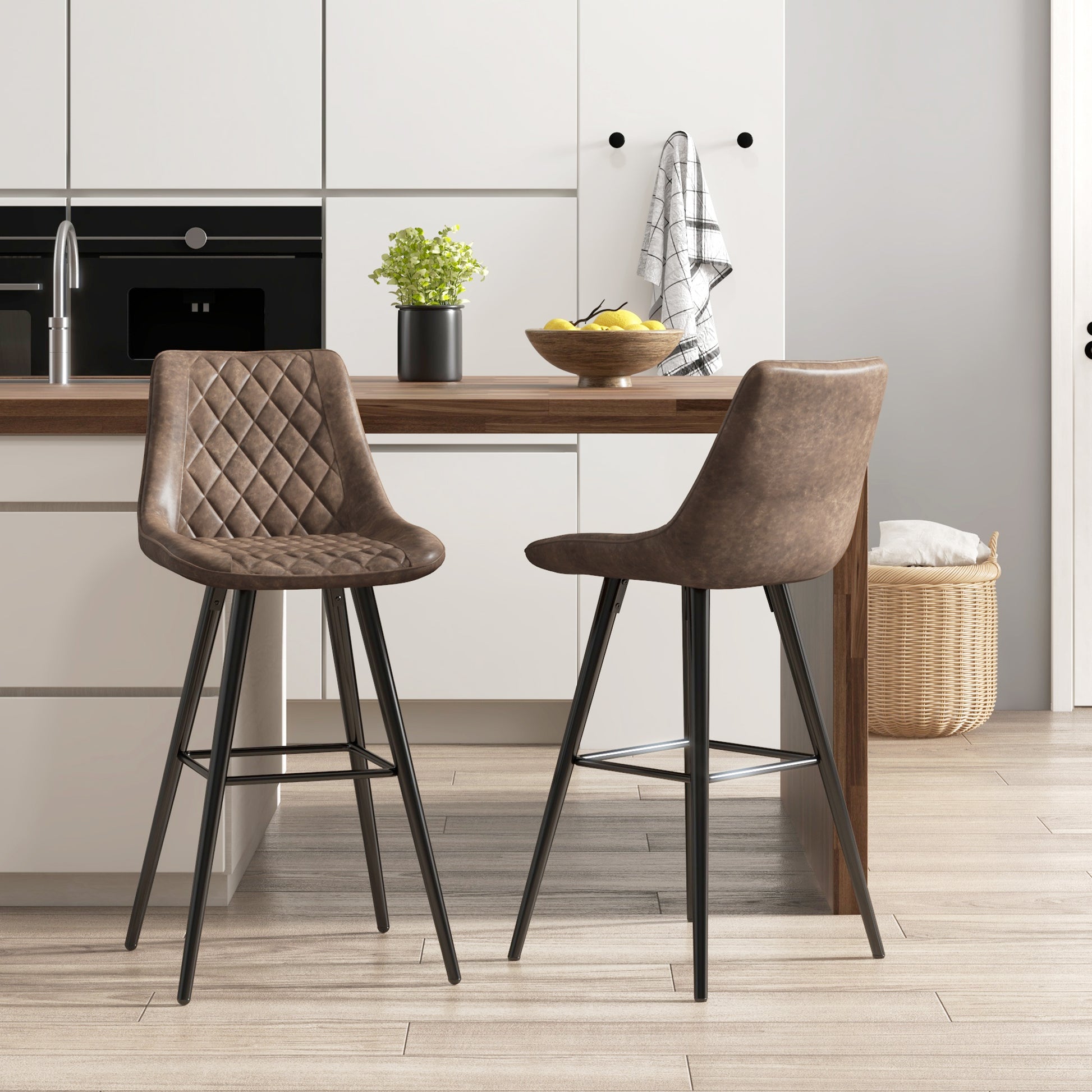 Aosom PU Leather Bar Stools Set of 2 - 27.75" Brown Metal Legs-Home Furnishings > Kitchen & Dining Furniture > Bar Stools-DECOROLALA