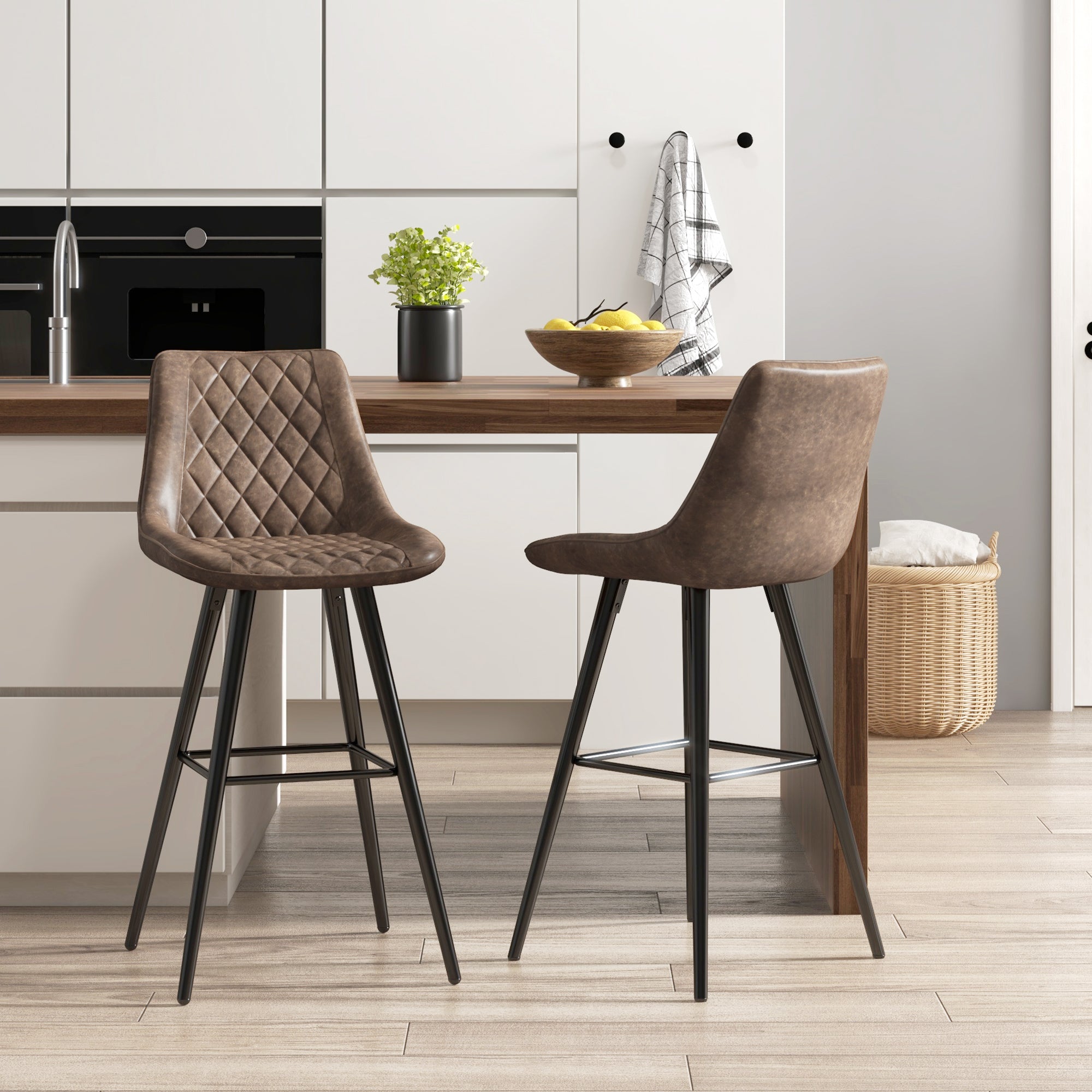 Aosom PU Leather Bar Stools Set of 2 - 27.75" Brown Metal Legs-Home Furnishings > Kitchen & Dining Furniture > Bar Stools-DECOROLALA