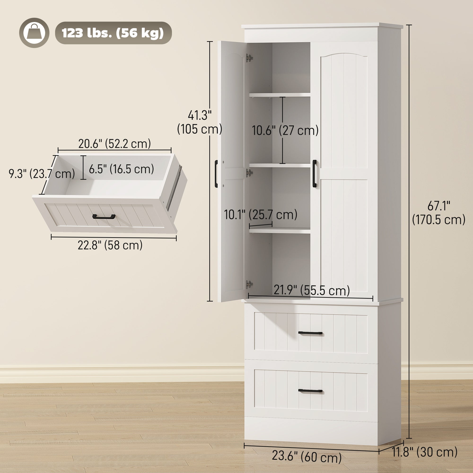 Aosom Pantry Cabinet 67" White - Kitchen Storage-DECOROLALA