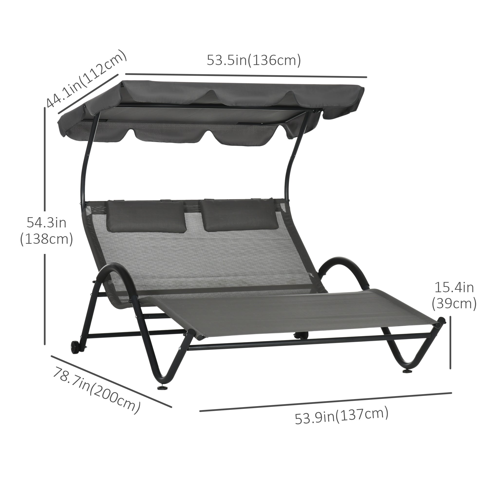 Aosom Patio Chaise Lounger, Dark Gray, Sunshade, Mesh, 2-Person, Wheels-DECOROLALA