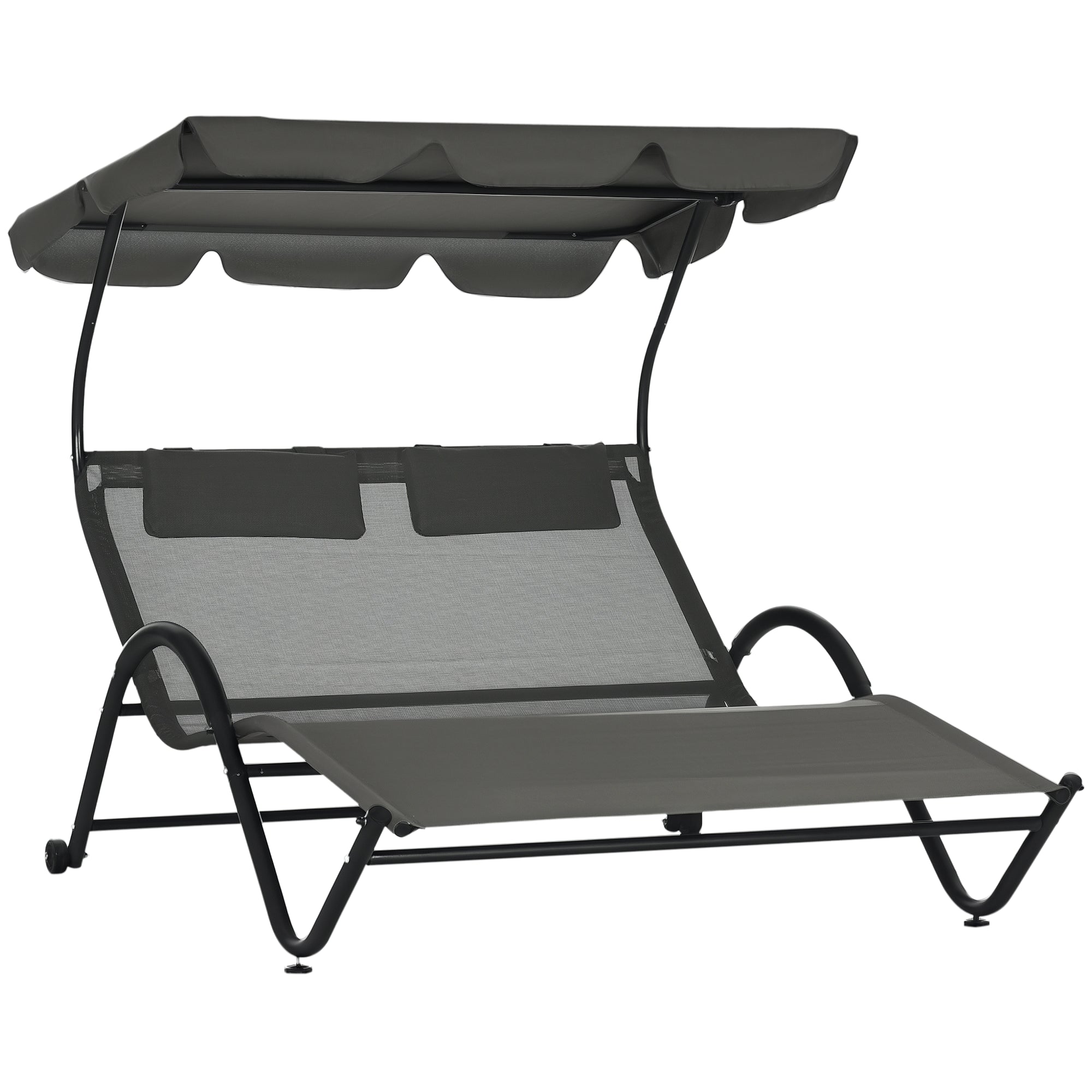Aosom Patio Chaise Lounger, Dark Gray, Sunshade, Mesh, 2-Person, Wheels-DECOROLALA