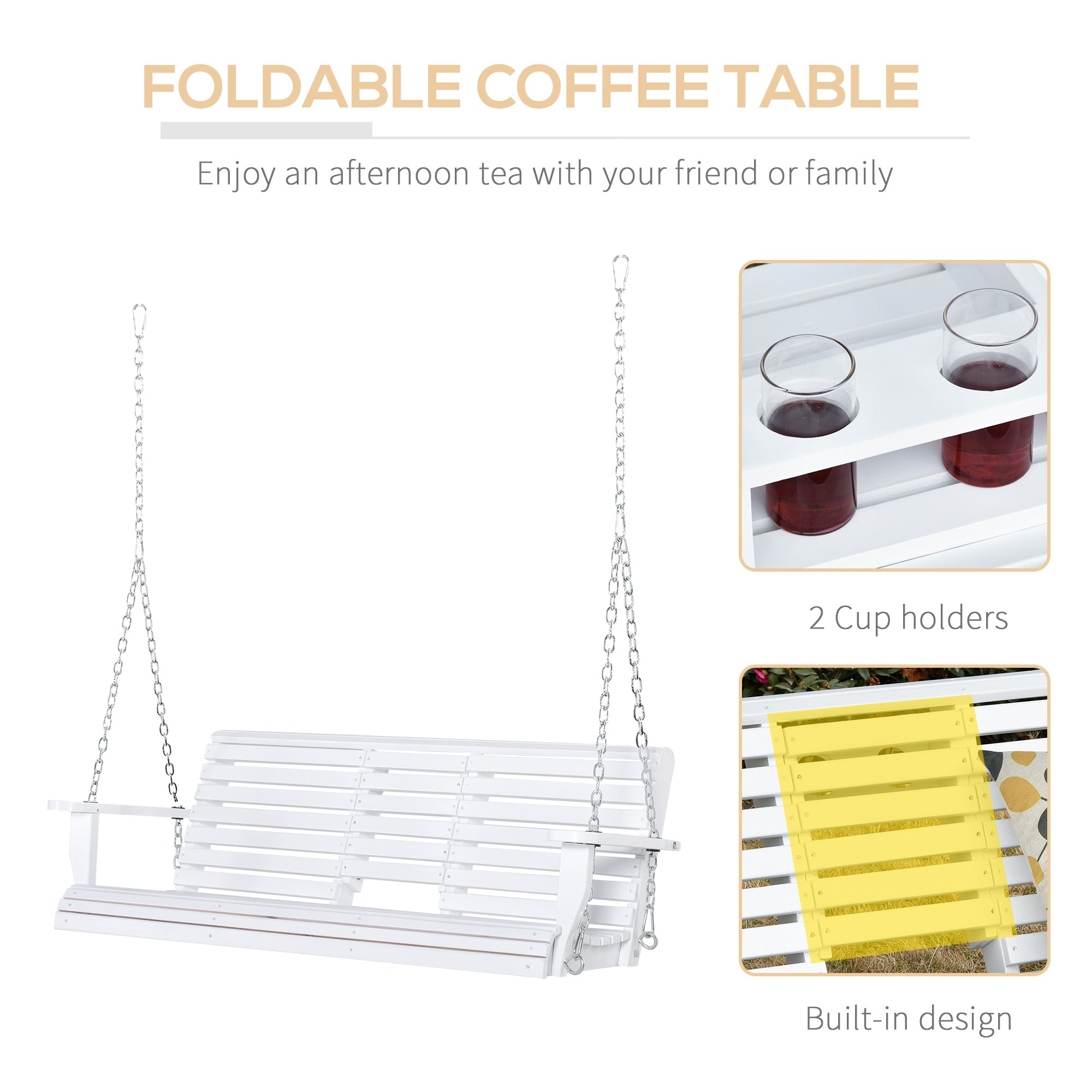 Aosom Porch Swing 3-Seater Wood White Foldable Table-DECOROLALA