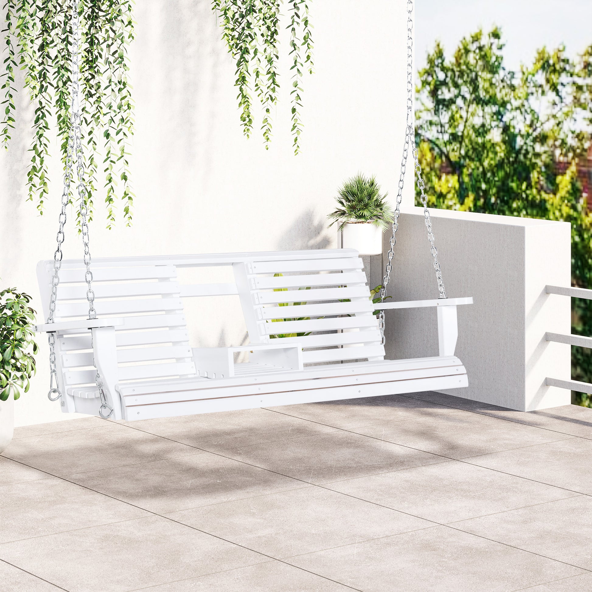Aosom Porch Swing 3-Seater Wood White Foldable Table-DECOROLALA