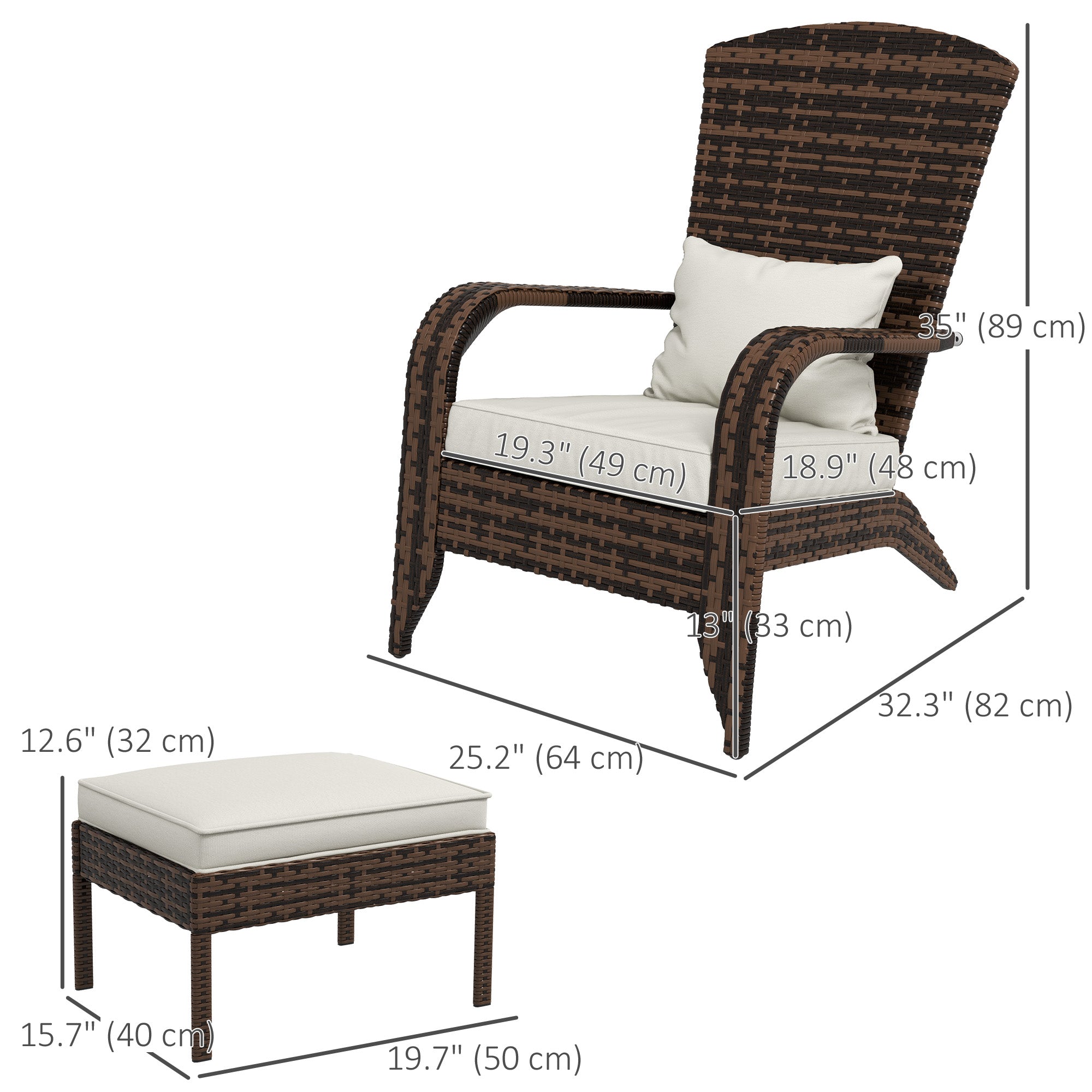 Aosom Rattan Adirondack Chair Ottoman - Brown Cream-DECOROLALA