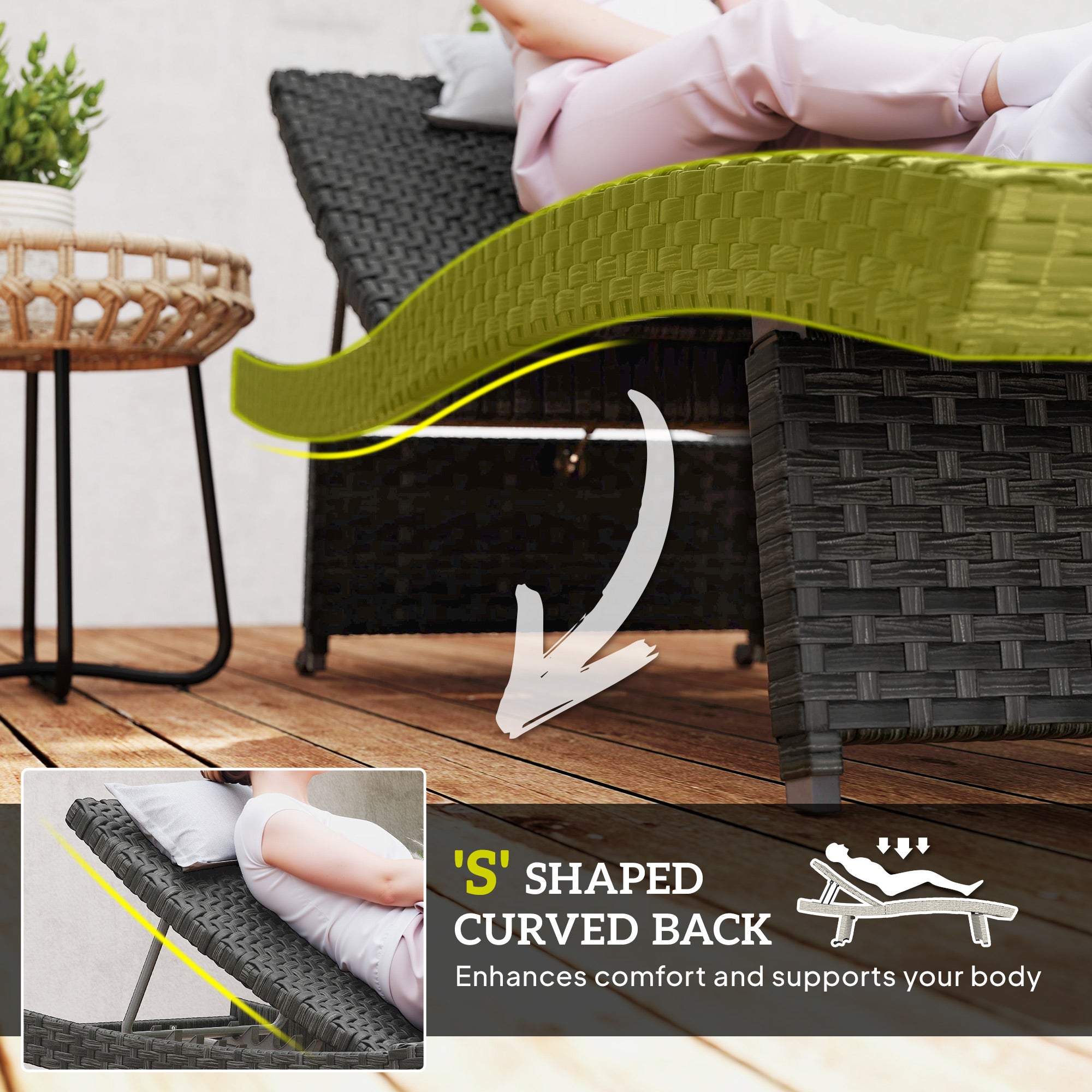 Aosom Rattan Chaise Lounge - Black Folding-DECOROLALA